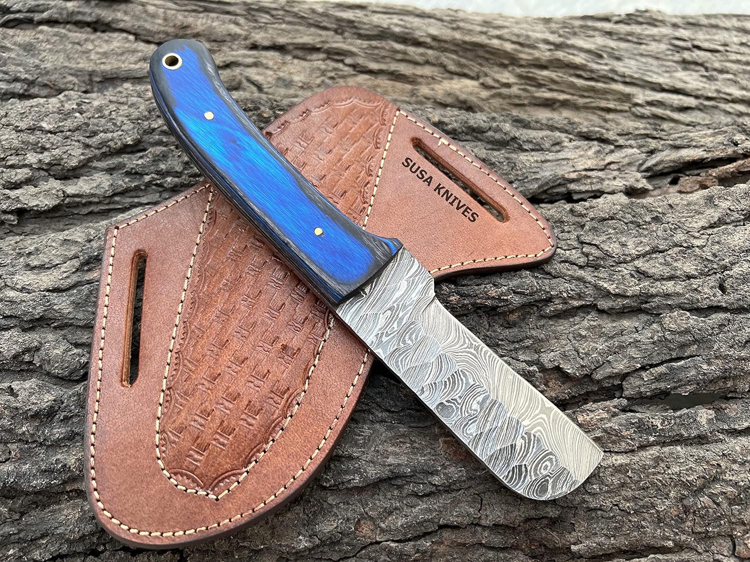 Custom Handmade Damascus steel Bull cutter knife, cowboy knives with pancake leather sheath/Brown pakka wood handle (BLUE)