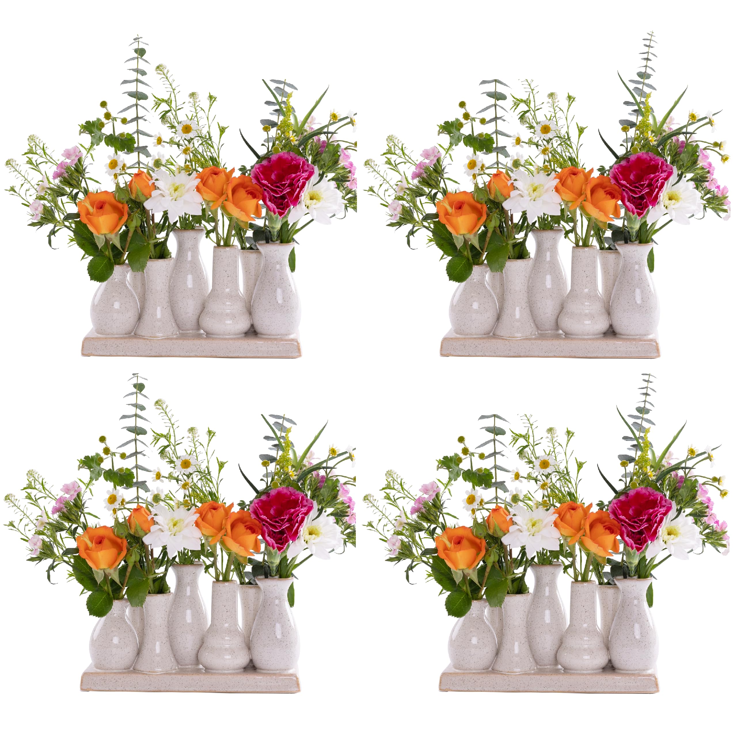 4er Pack Keramikvasen – je 7 Mini Vasen auf Sockel – Antik-Weiß – Boho Tischdeko & Nordic Design – Handgefertigte Geschenkidee