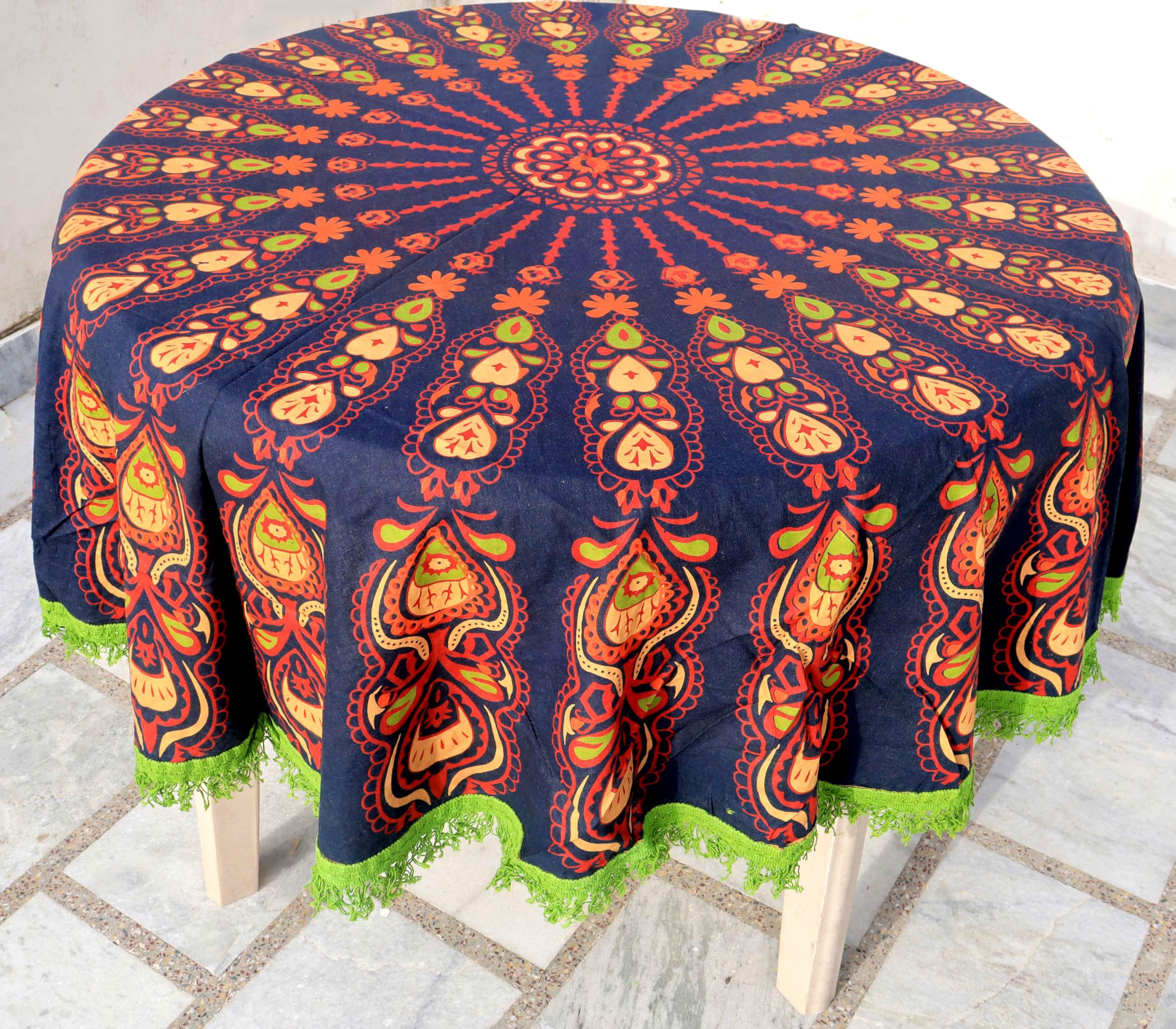 RHF 70 Inch Round Cotton Tablecloth | Multicolor Floral Printed Dining Table Cover for 4–6 Seater | Washable & Durable (Blue Orange Green)-image-20