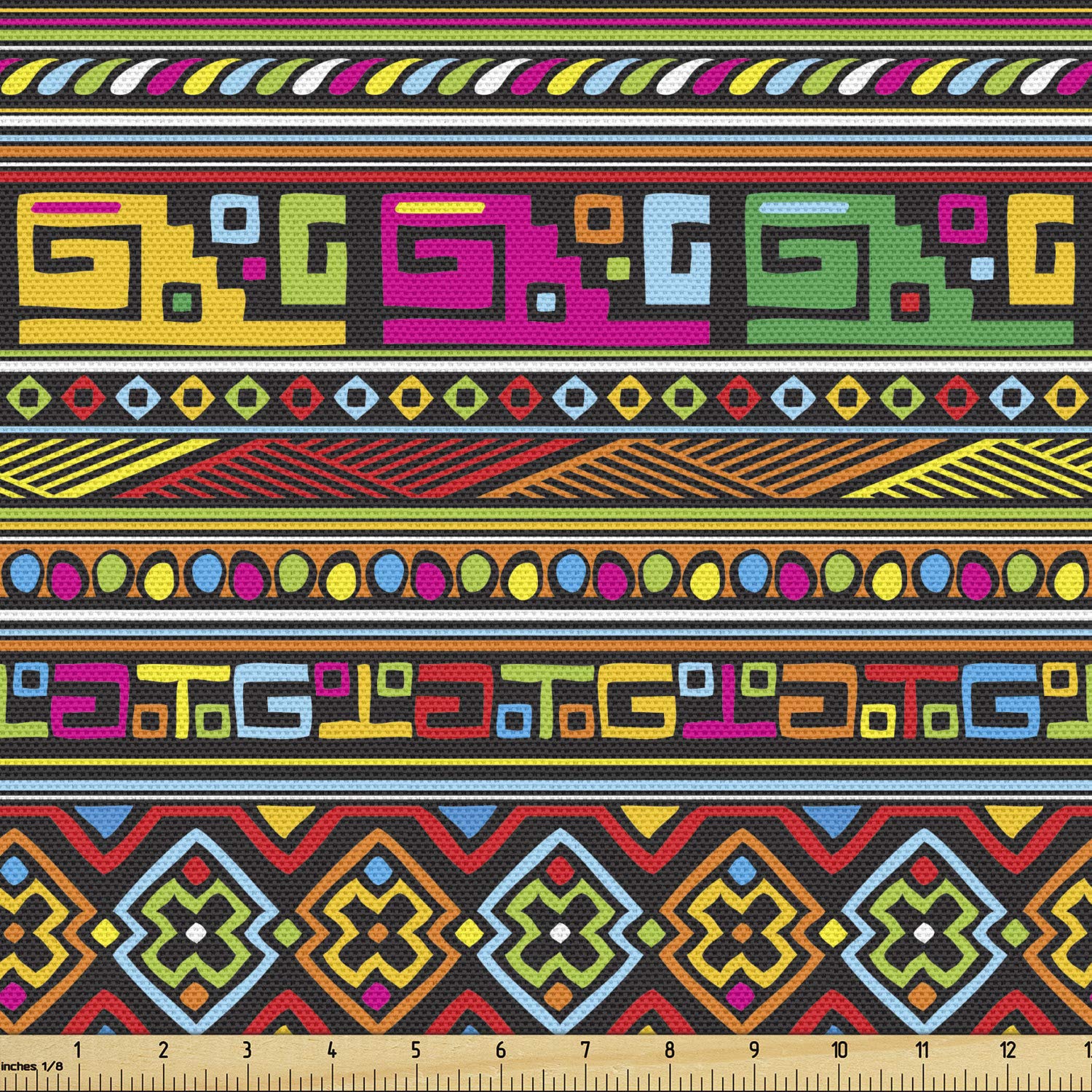 Ambesonne Tribal Fabric by The Yard, Design with Colorful Geometrical Details Borders Vector Themed Print, Decorative Fabric for Upholstery and Home Accents, 3 Yards, Pastel Rainbow