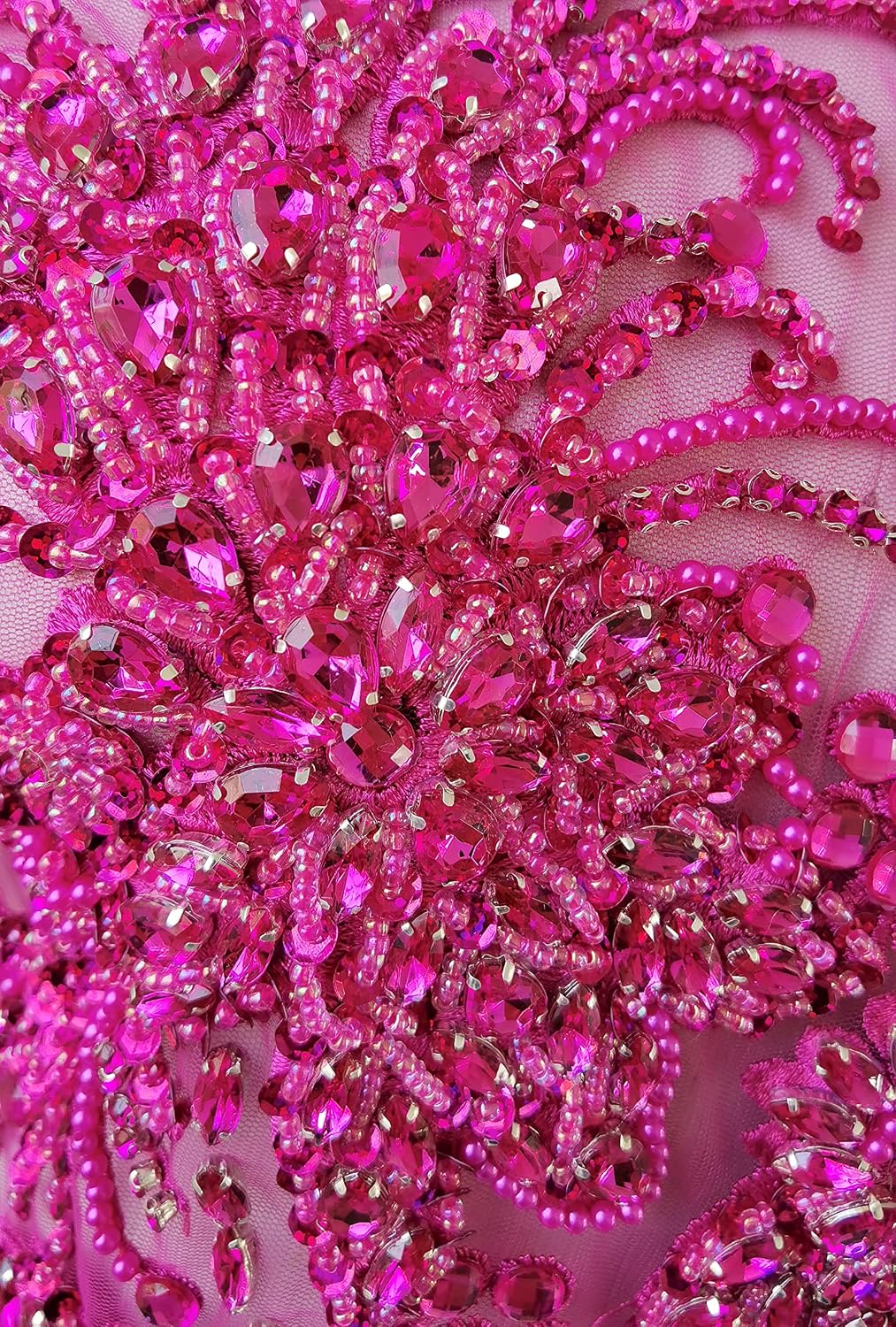 Handmade Rhinestones lace Applique handsewing Beads Sequins Trim Patches for Dress Clothes Accessories (Rose red)