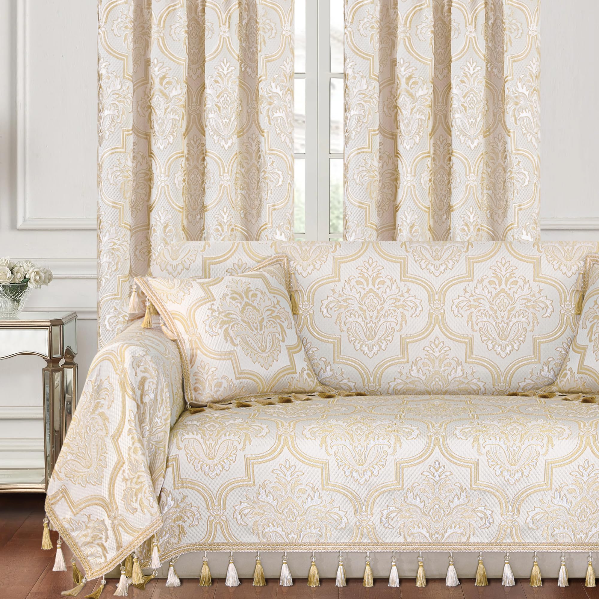 Loom and Mill Luxury Elegant Sofa Covers, European Damask Floral Couch Cover Sofa Throw Cover with Tassels for 2-3 Cushion Couch, Sectional Couch