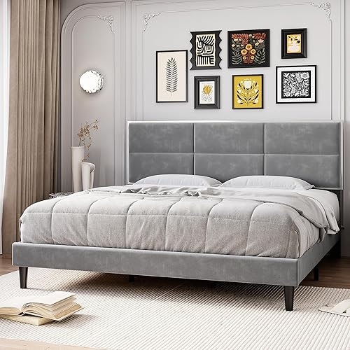 Miniatura 4 de Base de cama tapizada con cabecera de terciopelo, tamaño matrimonial, soporte de listones de madera, sin ruido y antideslizante, no requiere somier,