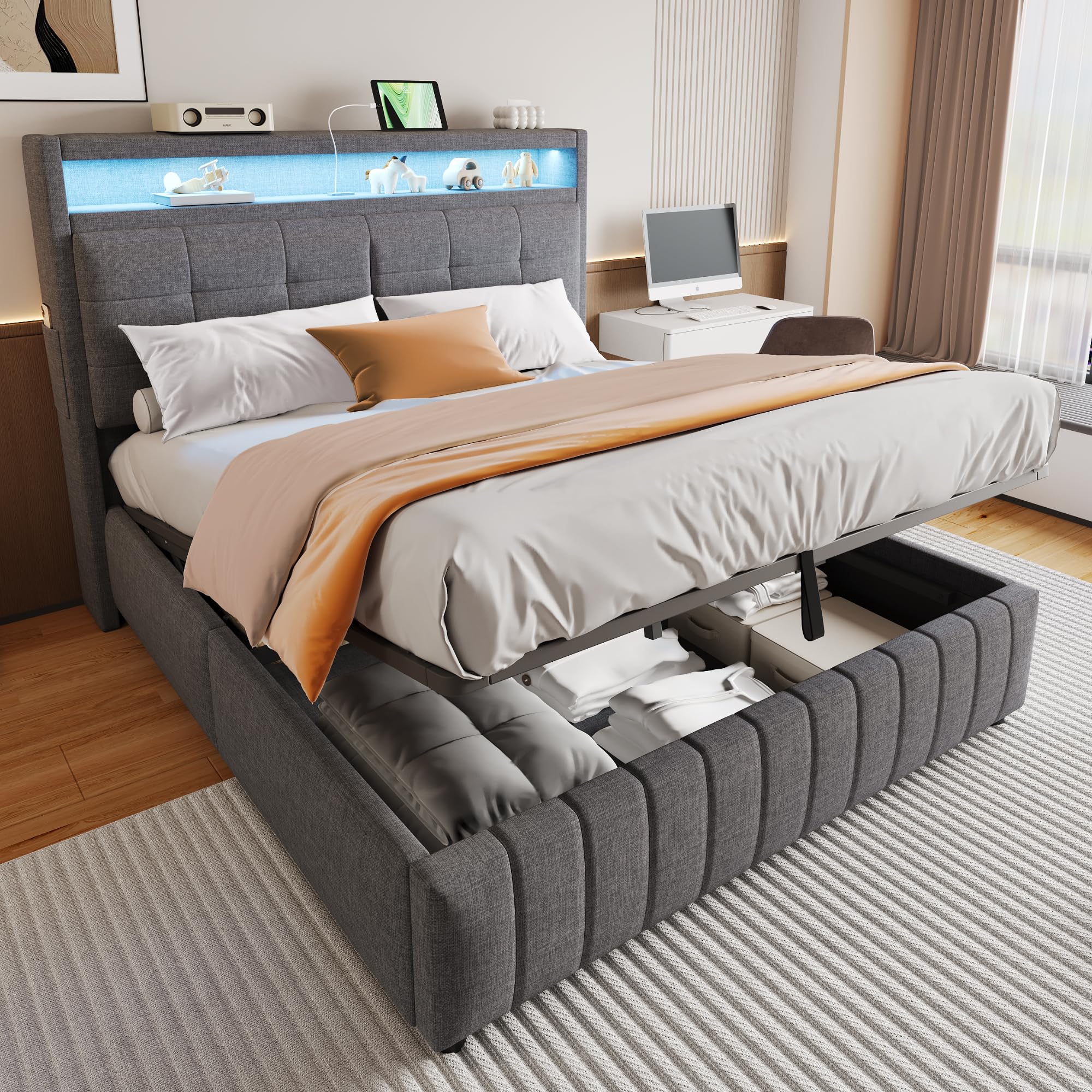 LAKFEW Camas Matrimoniales Cama 160x200 cm con Iluminación LED y USB, Canape 160x200 Cama Doble Tapizada con Almacenaje Hidráulico y Cabecero con Estante, Estructura Metálica, Lino, Gris, Sin Colchón