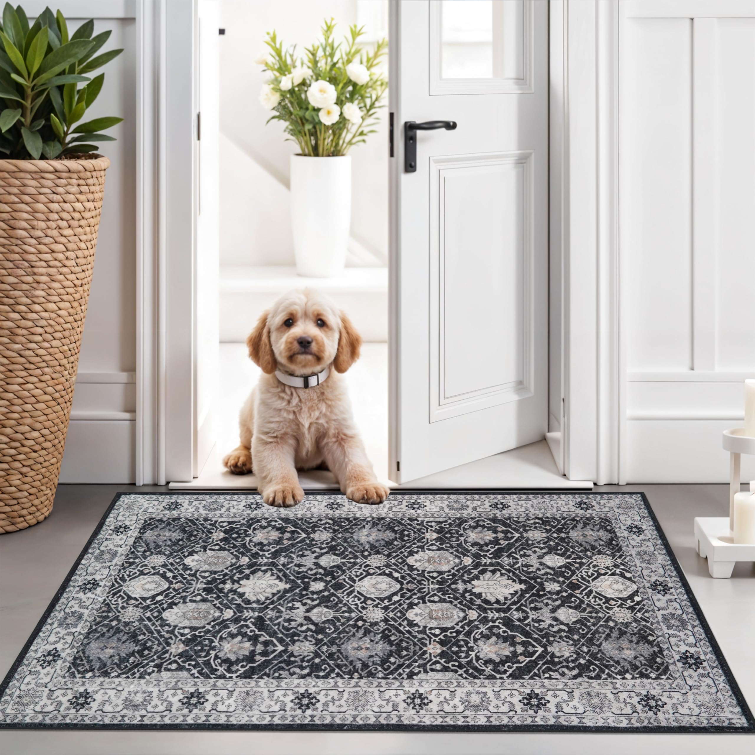 Washable 2x3 Entryway Area Rug: Vintage Soft Thin Door Mat with Non Slip Backing Water Resistant Carpet for Bedroom Low Pile Floor Mat for Kitchen Bathroom Easy Clean Rug for Family (2 X 3, Black) — image 1