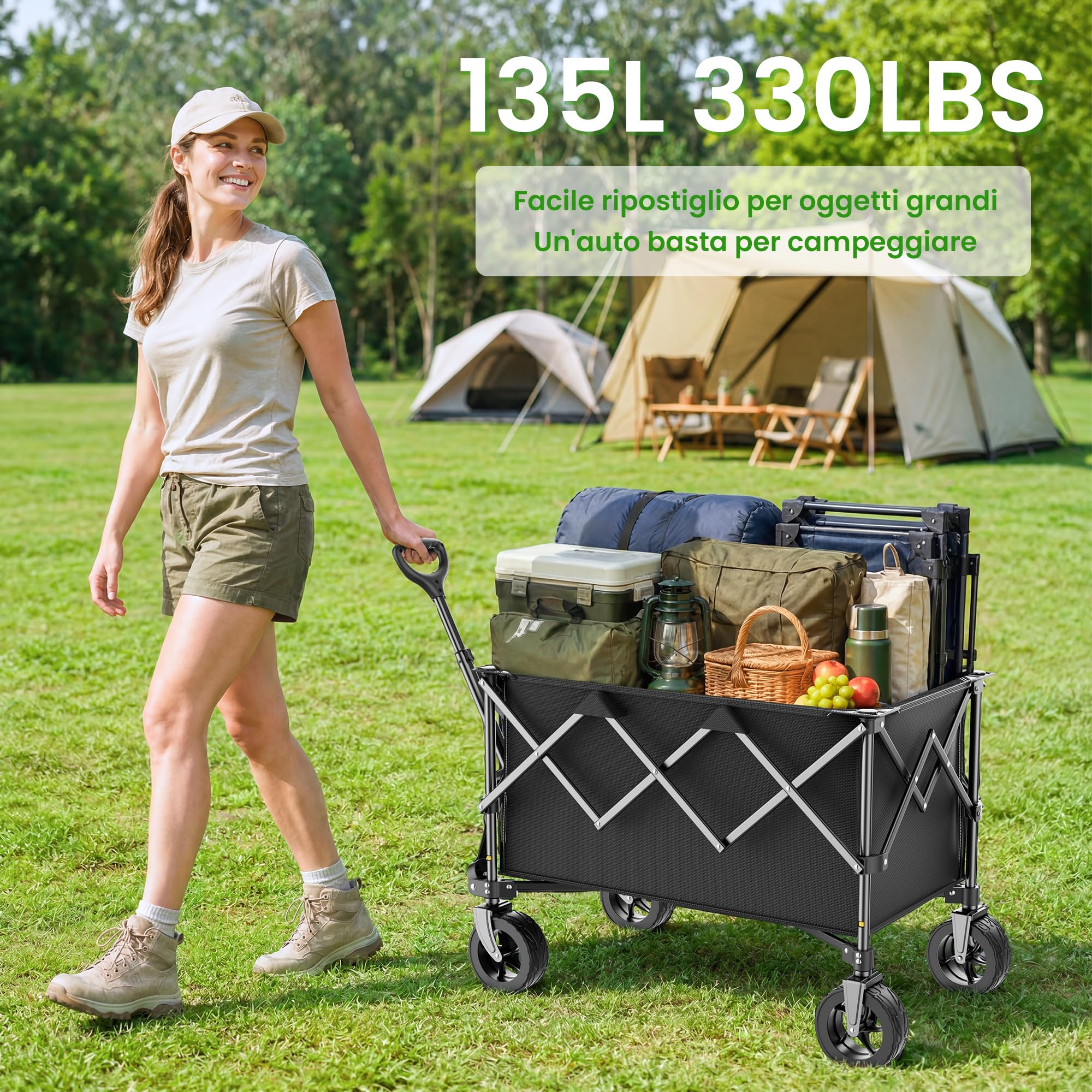Carrello da Campeggio Pieghevole 135 L, Capacità di Carico 150 kg, Carrello Fuoristrada con Ruote Girevoli 360° e Maniglia Telescopica, per Giardino, Spesa, Outdoor