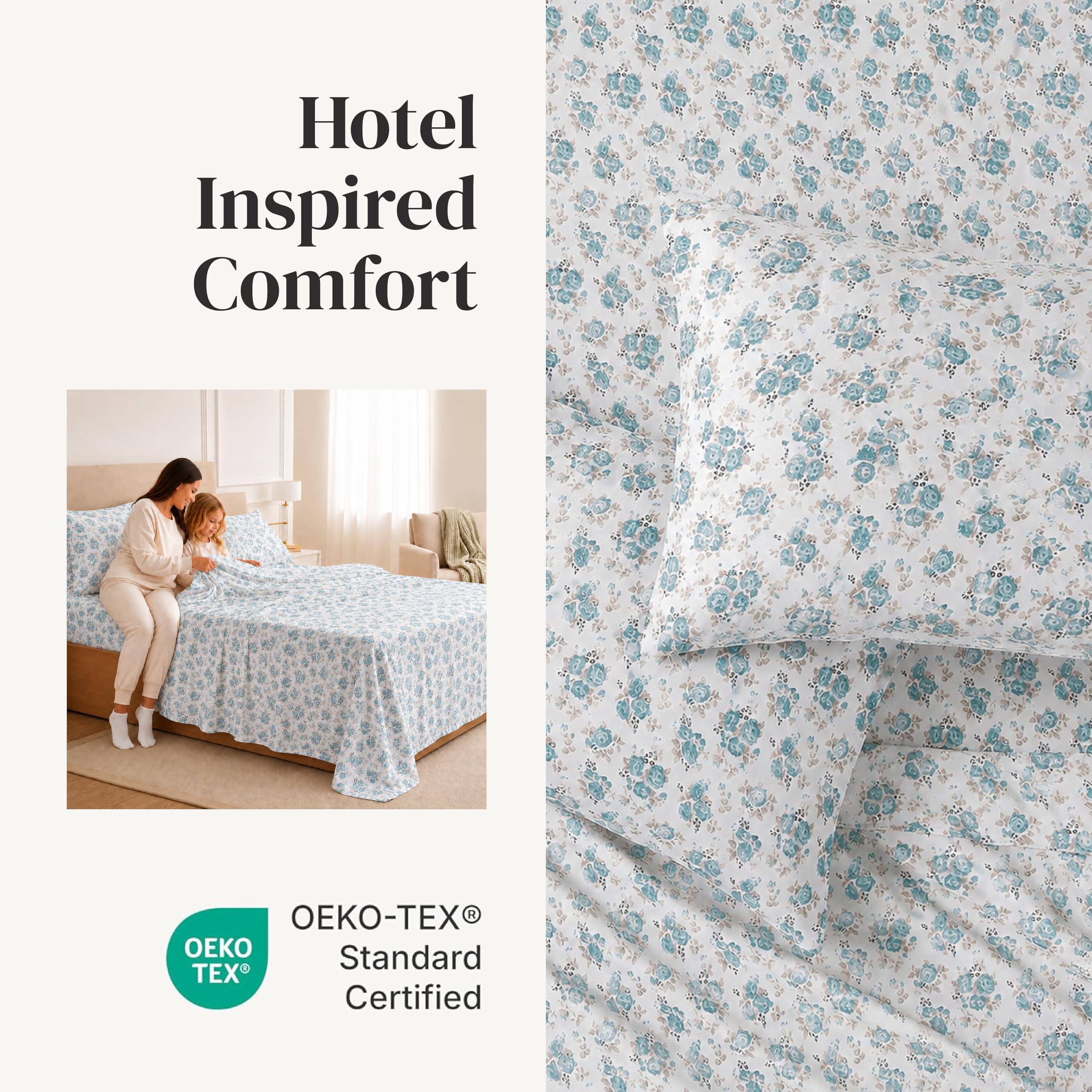 Modern Threads Lenzuola in morbida microfibra stampata – Lussuosa biancheria da letto in microfibra – Include lenzuolo piatto, lenzuolo con angoli con tasche profonde e federe Forever Roses King