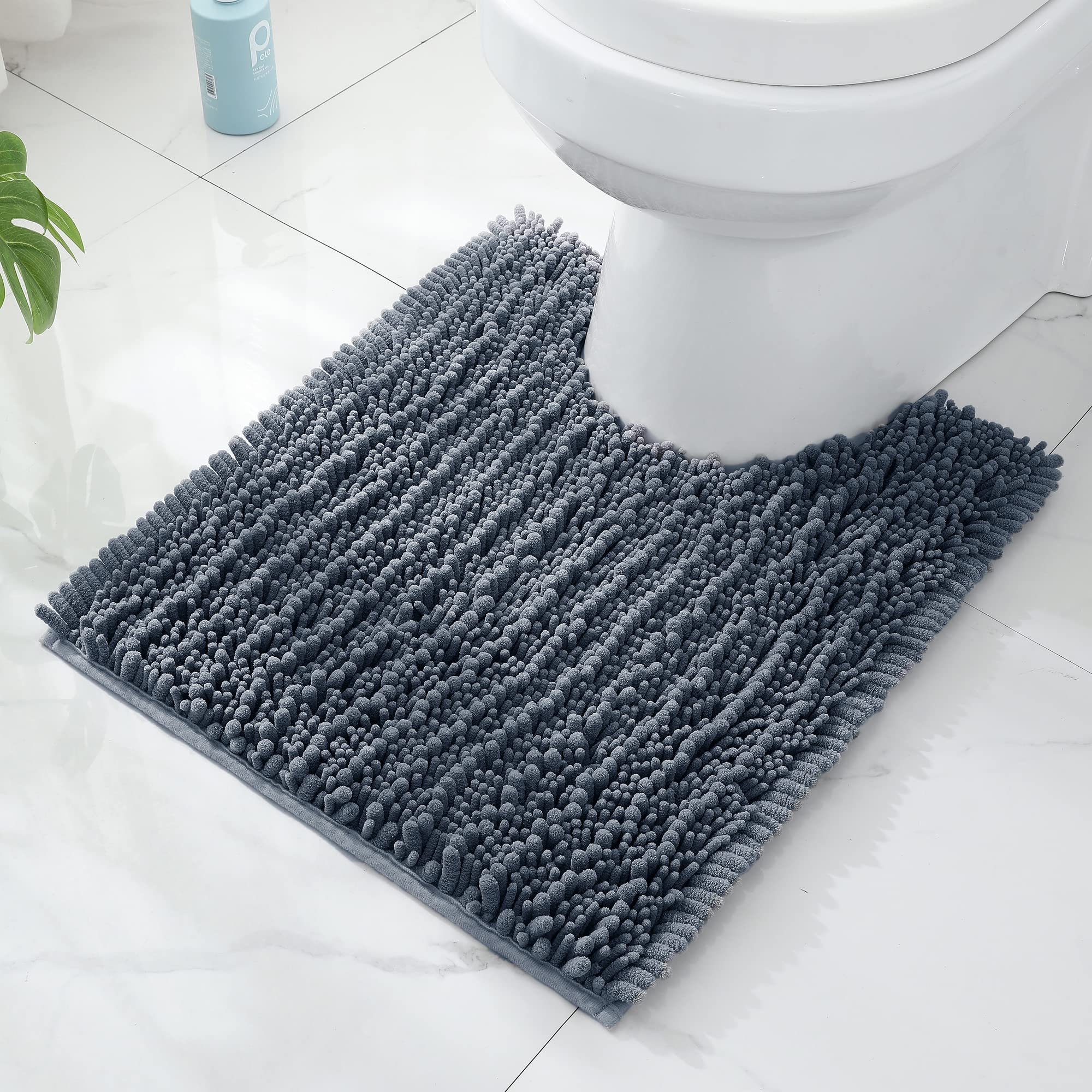 FLOLEOPA Tapis de salle de bain à poils longs antidérapant en forme de U (61 x 50,8 cm, bleu poussière) pour salle de bain en microfibre douce absorbante - Lavable en machine