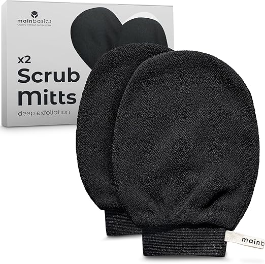MainBasics Korean Exfoliating Mitts (2-Pack) – Deep Cleansing Body Scrubbers for Dead Skin Removal, Spray Tan Prep & Keratosis Pilaris Treatment