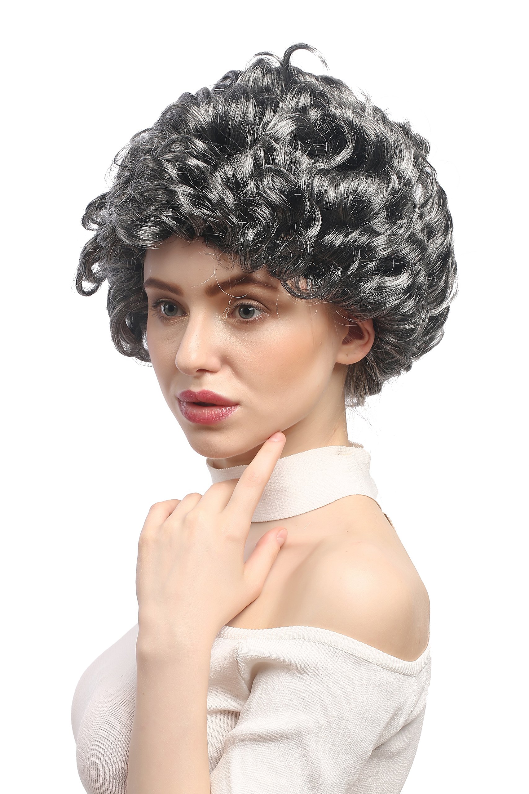 Peluca Blanca Rizada Corta Para Disfraz De Abuela - Carnaval, Halloween, Cosplay, Talla Única Hasta 62 Cm