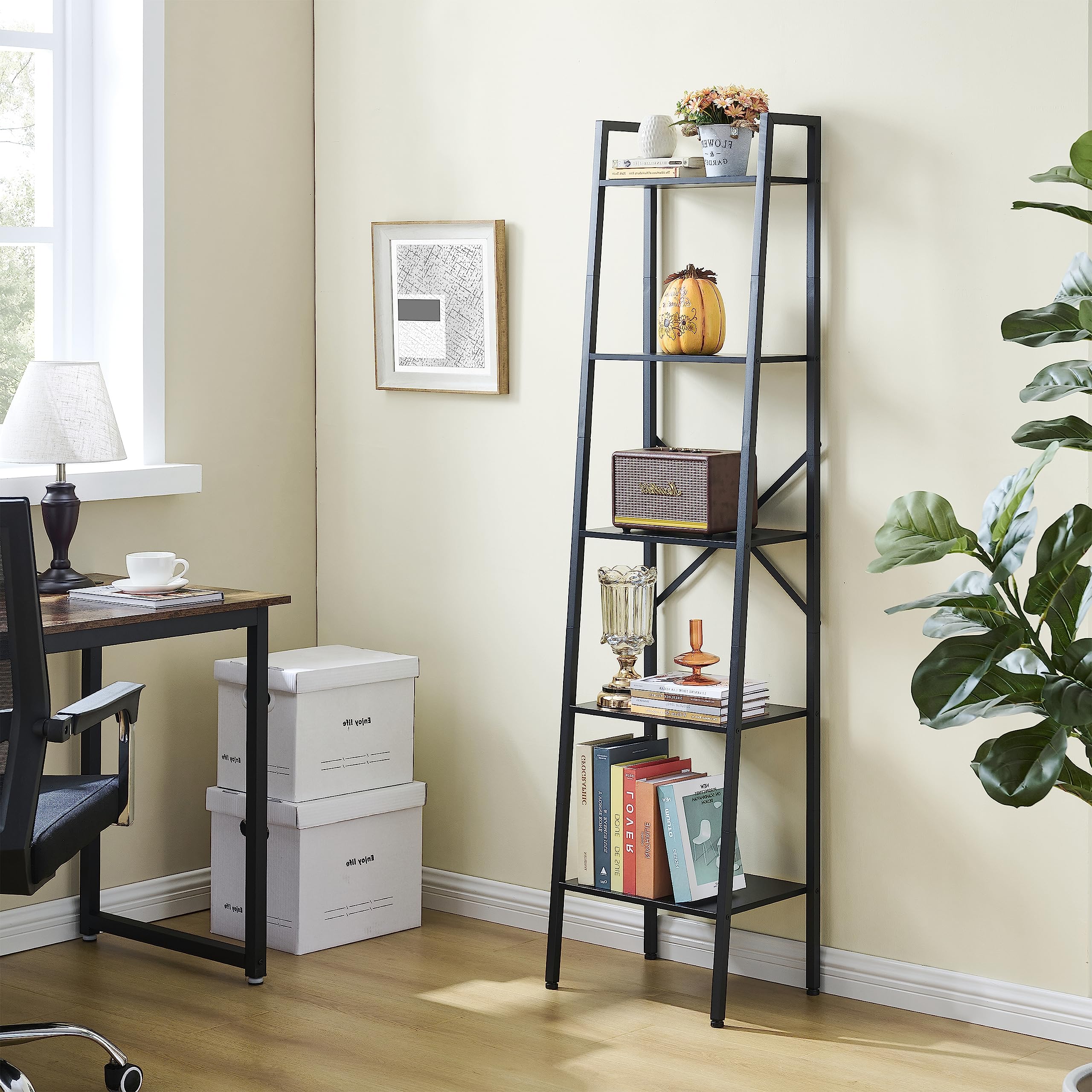 Hoctieon Étagère 5 Niveaux, Echelle Bibliothèque Meuble de Rangement, Moderne Présentoir d'angle, Métal Etagere Rangement, pour Bureau, Salon, Chambre, Cuisine, Style Industriel, Noir