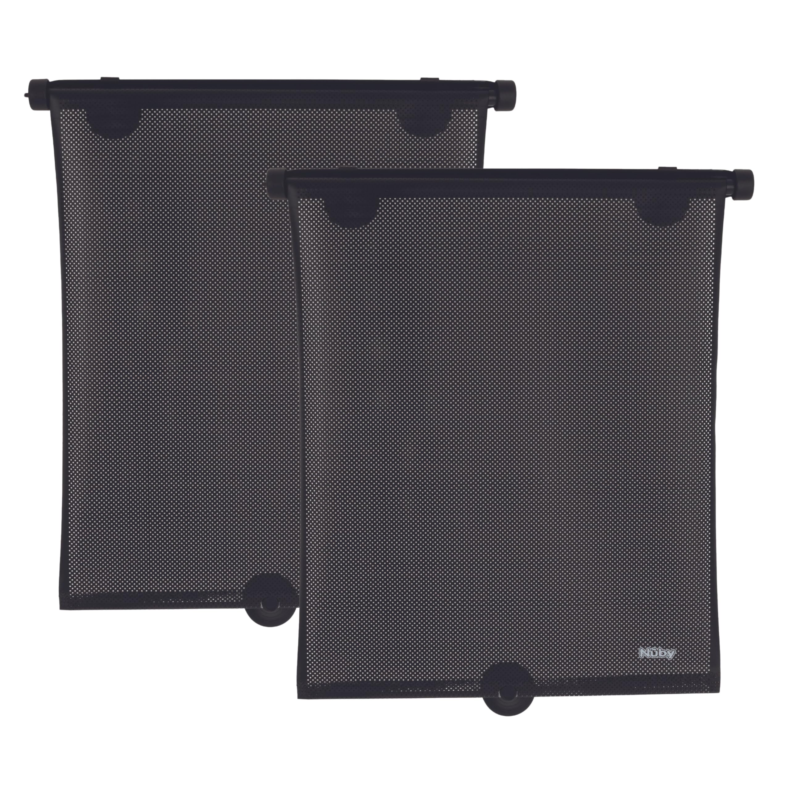 Nuby 14" Roller Vehicle Side Window Sun Protection Shade for Baby | 2 Pack | Pull Down with Suction Cups and Press Button Roll Up | Black