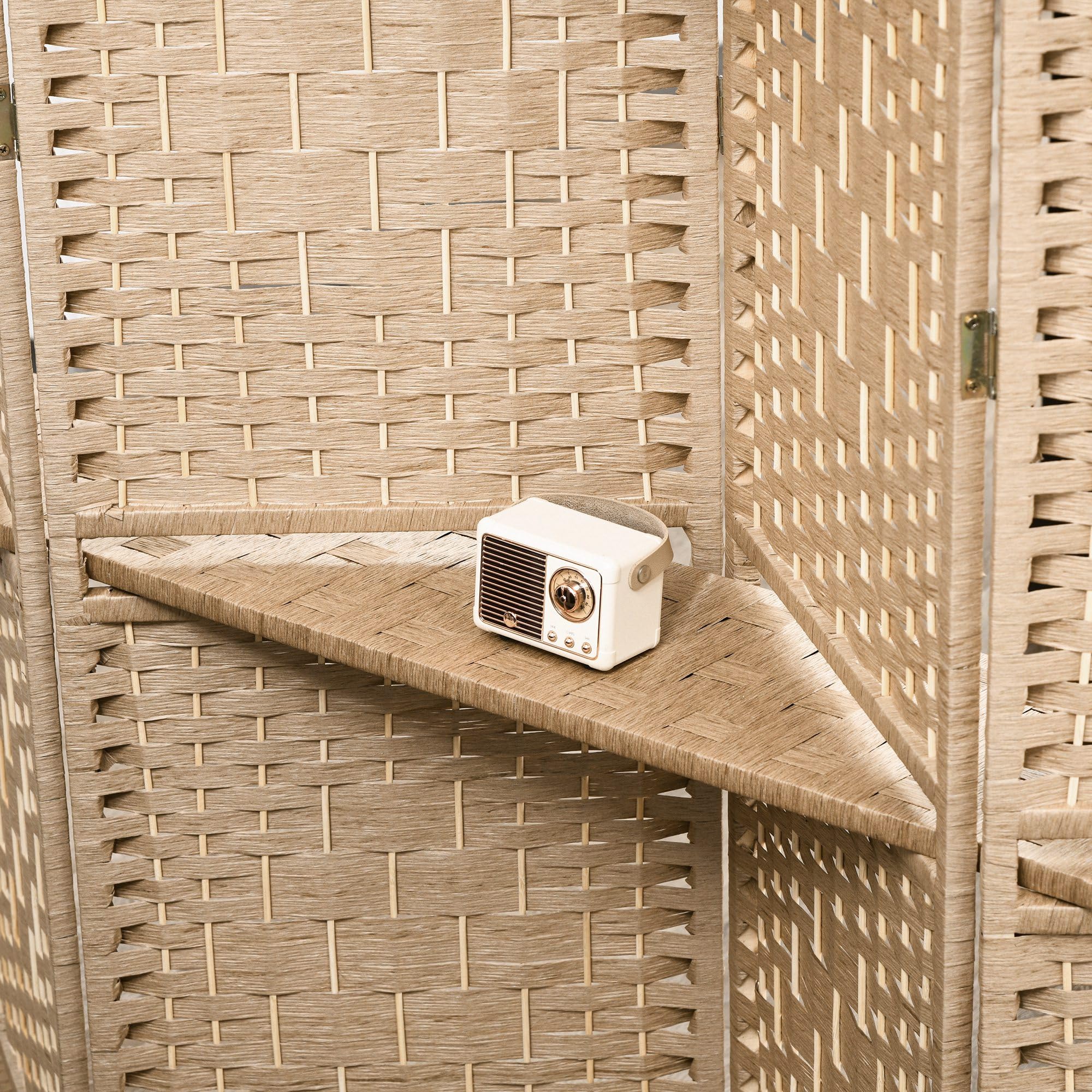 HOMCOM Paravent séparateur de pièce 4 Panneaux 160 x170 cm avec 2 étagères, Pliable, en Bois pour Le Bureau, Salon, Chambre, Bois Naturel