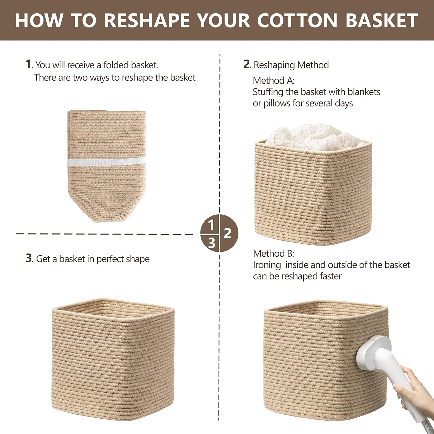 joybest 11inch Cube Storage Bins Set of 4, Cotton Rope Woven Organizer Basket for Shelves, Cube Bin Square Shelves Organizer Closet Storage, Nursery, Toy Organization, Brown