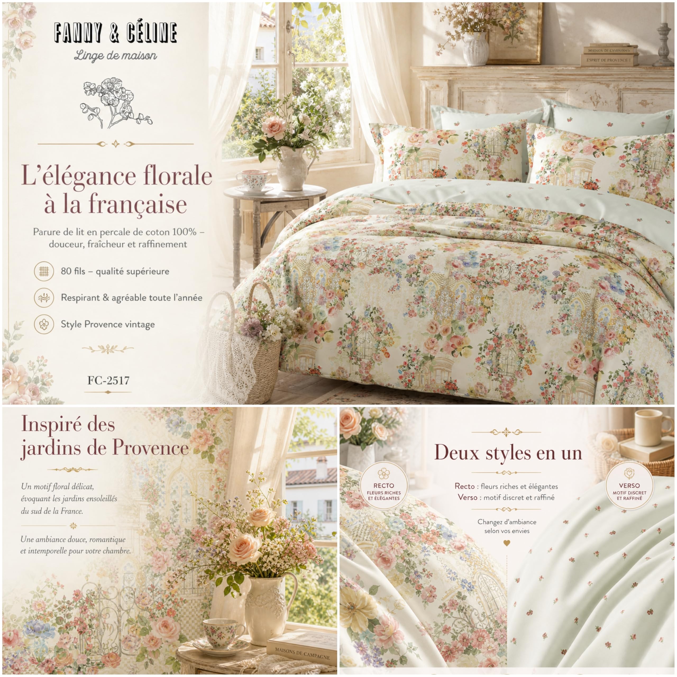 Fanny & Céline Housse de Couette 240x220 cm 100% Coton Percale 80 Fils Réversible | Parure de Lit Fleurie Vintage | 2 Taies d’Oreiller 65x65 cm avec Volant | Douce et Respirante FC-2517