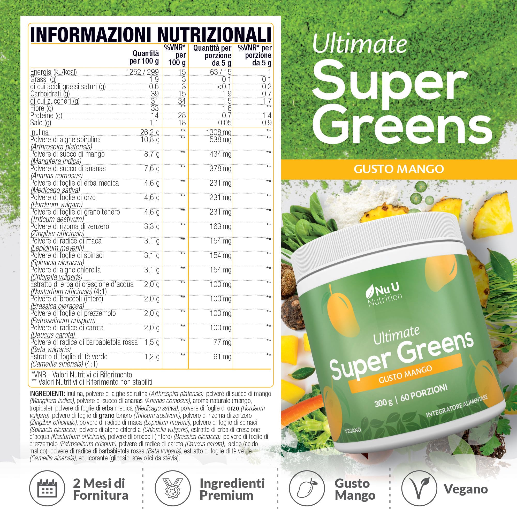 Super Greens | Mango | Polvere 300g – 17 Ingredienti Superfood Attivi – 60 Porzioni – Con Inulina, Spirulina, Clorella, Radice di Maca – 100% Vegano – Nu U Nutrition