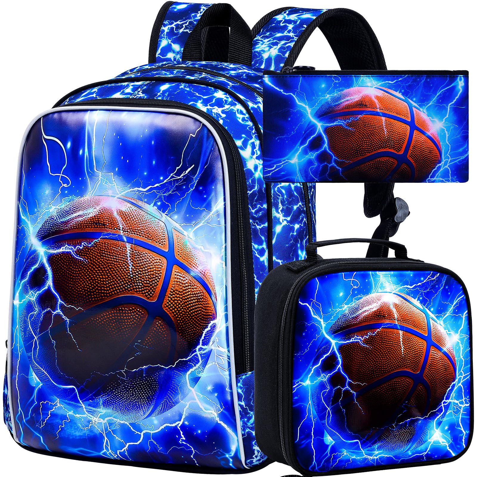 KLFVB 3PCS Boys Backpack, 17" Kids Bookbag and Lunch Box, Water Resistant Teenagers School Backpacks for Middle Elementary - Lightning Basketball