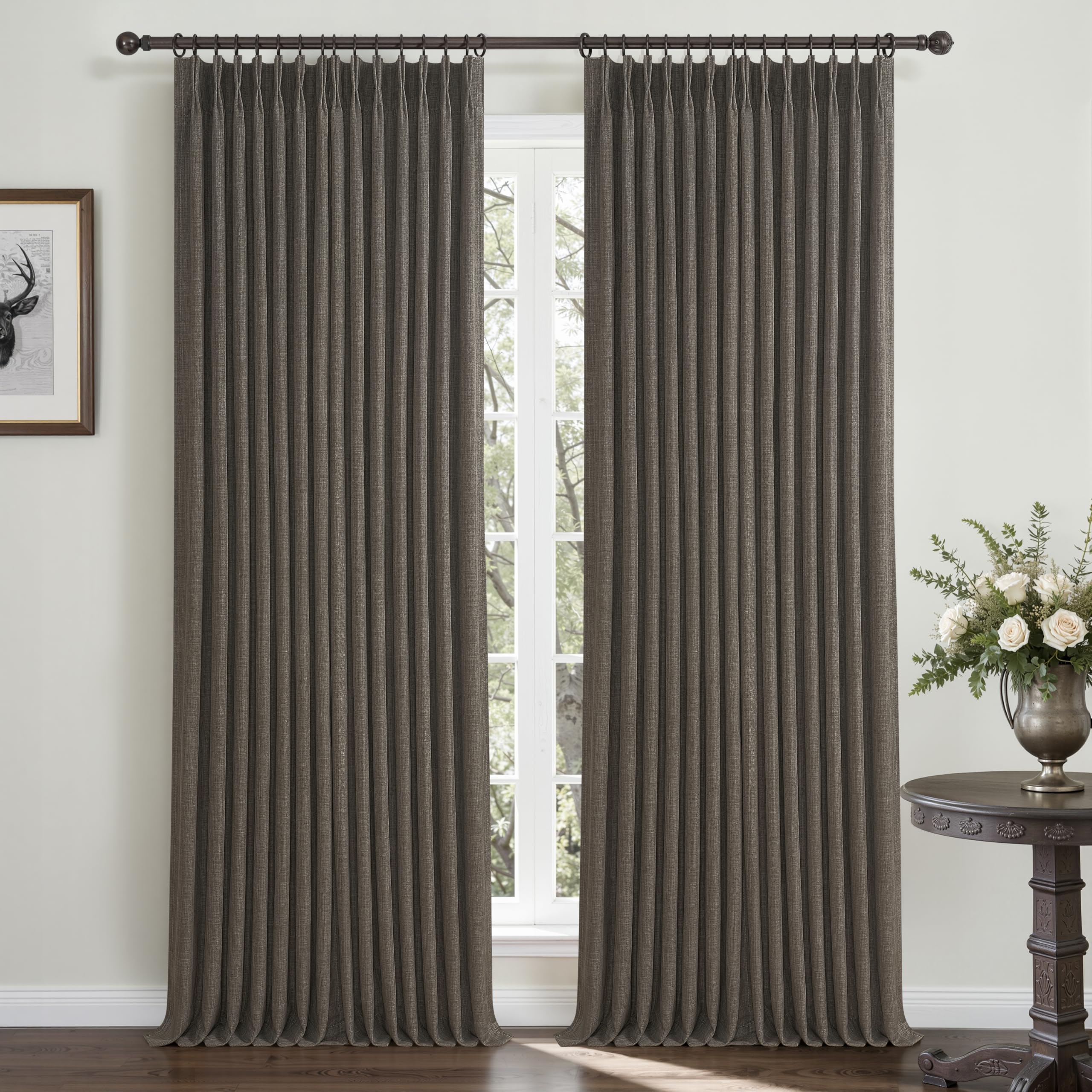 Photo 1 of Full Blackout Thick Linen Curtains 105 Inches Long for Room Divider, Chocolate Tart Memory Shape Pinch Pleat Double Layer Thermal Tall Window Drapes Noise Reducing Privacy Neutral Curtain 2 Panels Set