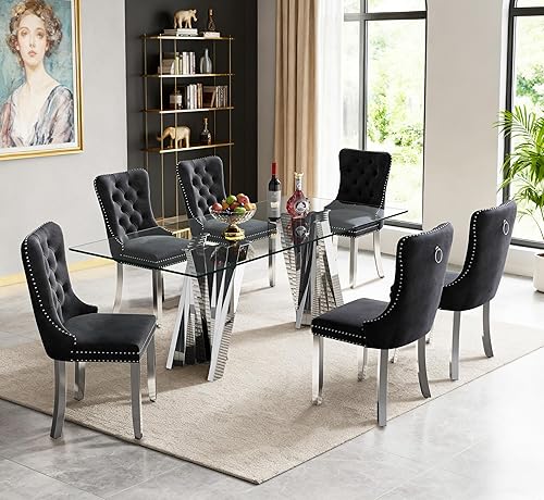 Miniatura 20 de Juego de 5 mesas de comedor de cristal plateado, mesa rectangular moderna de cocina y comedor de 70 pulgadas para 4, mesa de comedor de vidrio Mesa