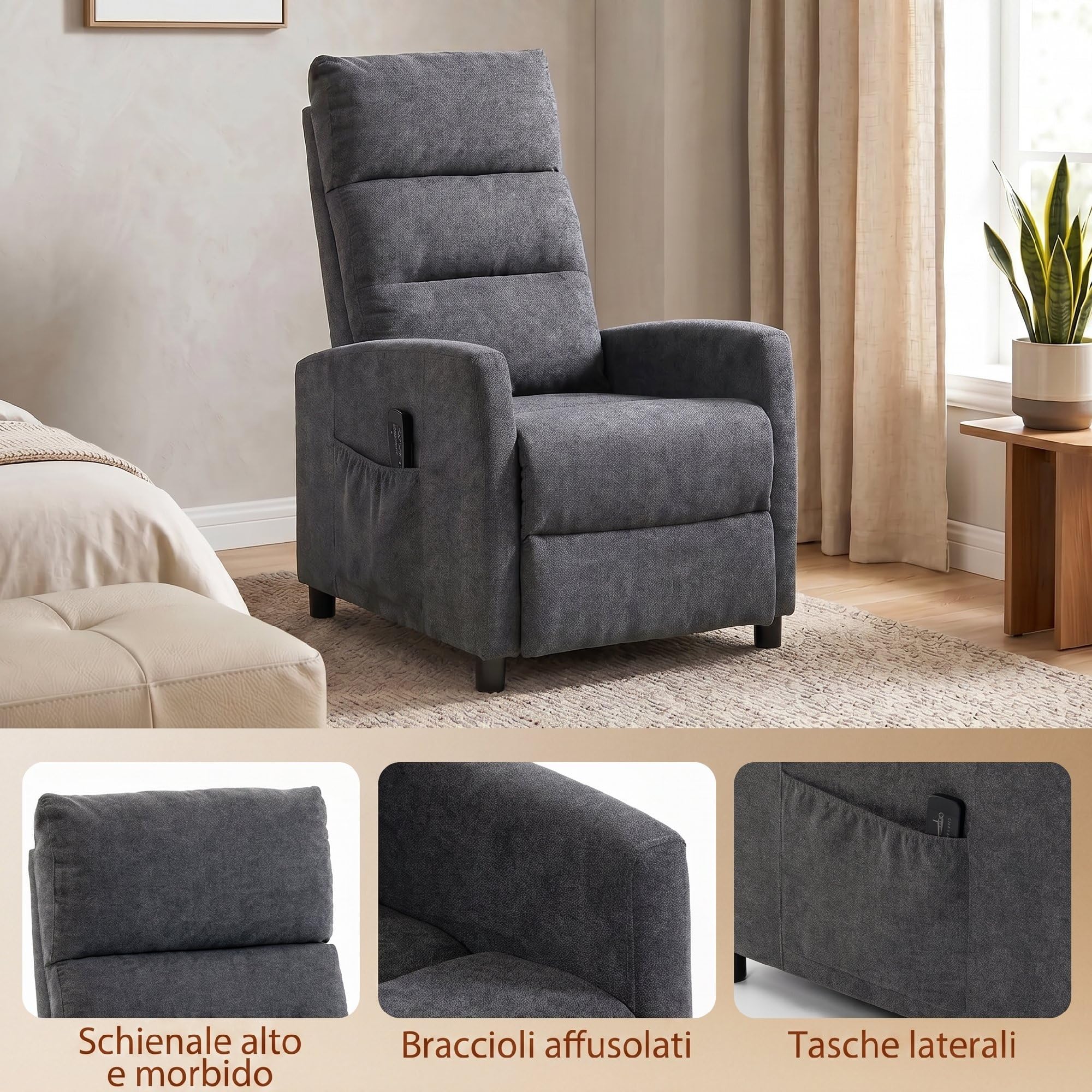 HOMCOM Poltrona Massaggiante Reclinabile Manuale 160°, 2 Punti di Massaggio e Poggiapiedi, Poltrona Relax Imbottita in Ciniglia, con Telecomando, Tasche Laterali, per Casa Ufficio, Grigio Scuro