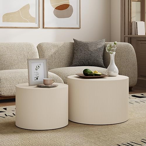 Juego de 2 mesas auxiliares redondas, modernas mesas anidables de madera beige para sala de estar, no requiere montaje, juego de mesas auxiliares