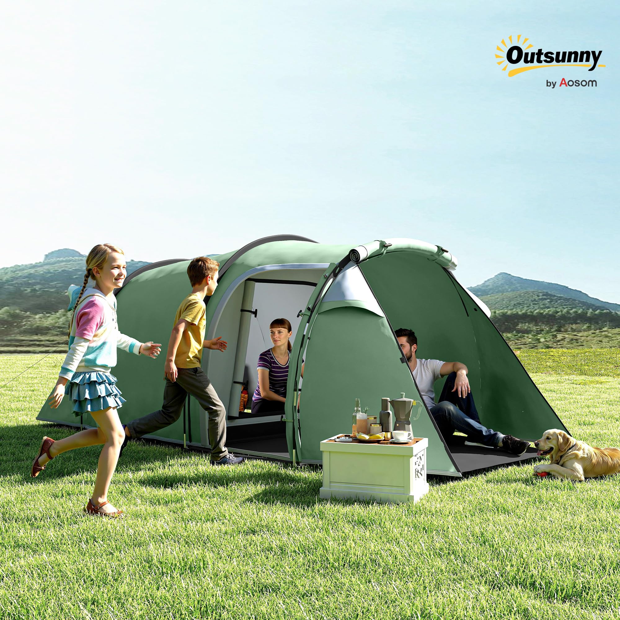 Outsunny Tienda de campaña para 2-3 Personas Estable Tienda de Familia Impermeable con Ventana de la Puerta Lateral Bolsa de Embalaje, Tienda de campaña con 2000mm Columna de Agua túnel Tienda de