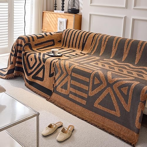 Miniatura 9 de DREAMINGO Funda de sofá de chenilla en espiga con protector de perro para sofá de 3 cojines, fundas geométricas beige y naranja, para sala de estar,