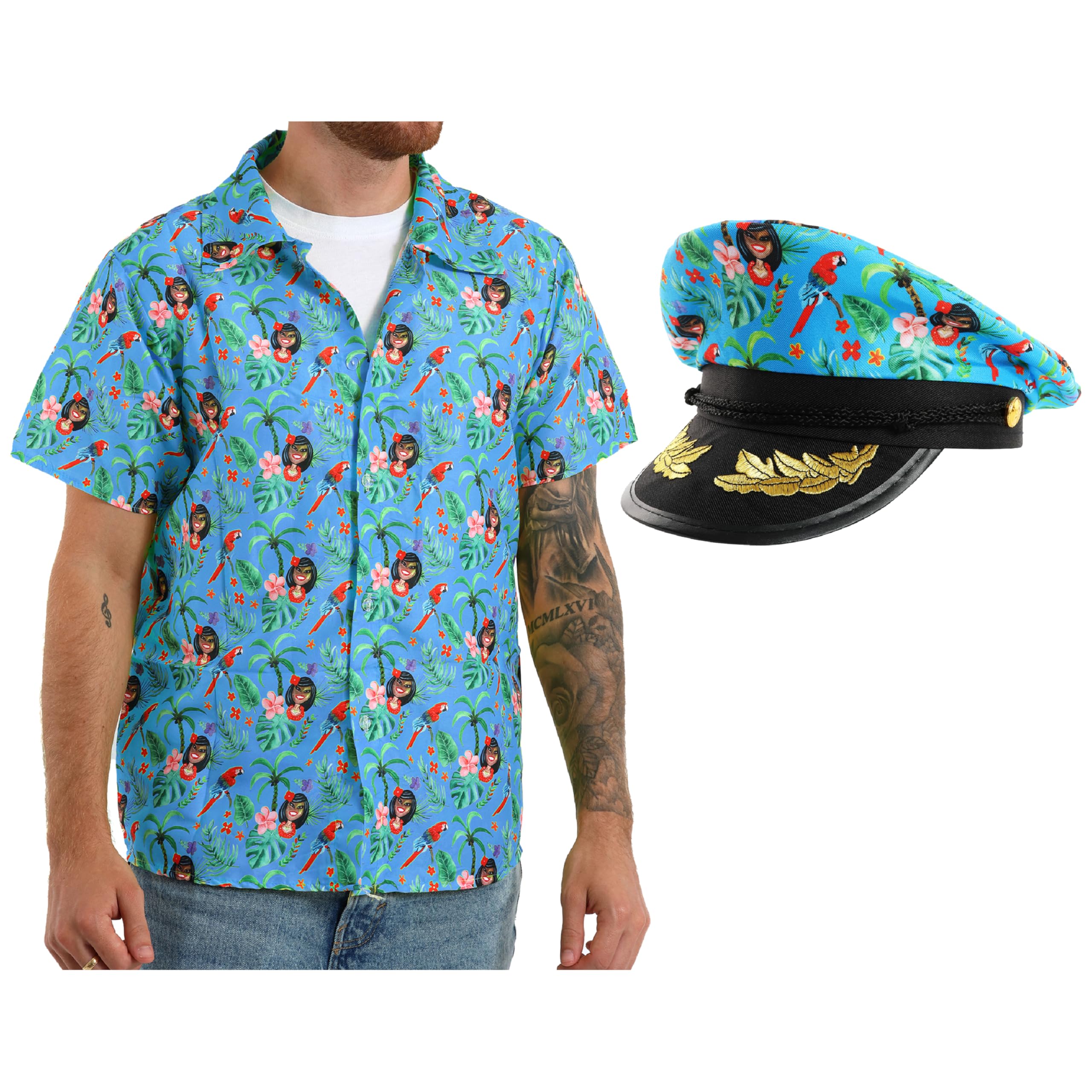 Blue Hawaiian Shirt and Blue Hat - XXLarge - Hawaii Tropical Short Sleeve Shirt and Sailor Hat - Perfect for Stag Do/Hen Do Fancy Dress Summer Beach Parties and Other Fancy Dress Events — image 1