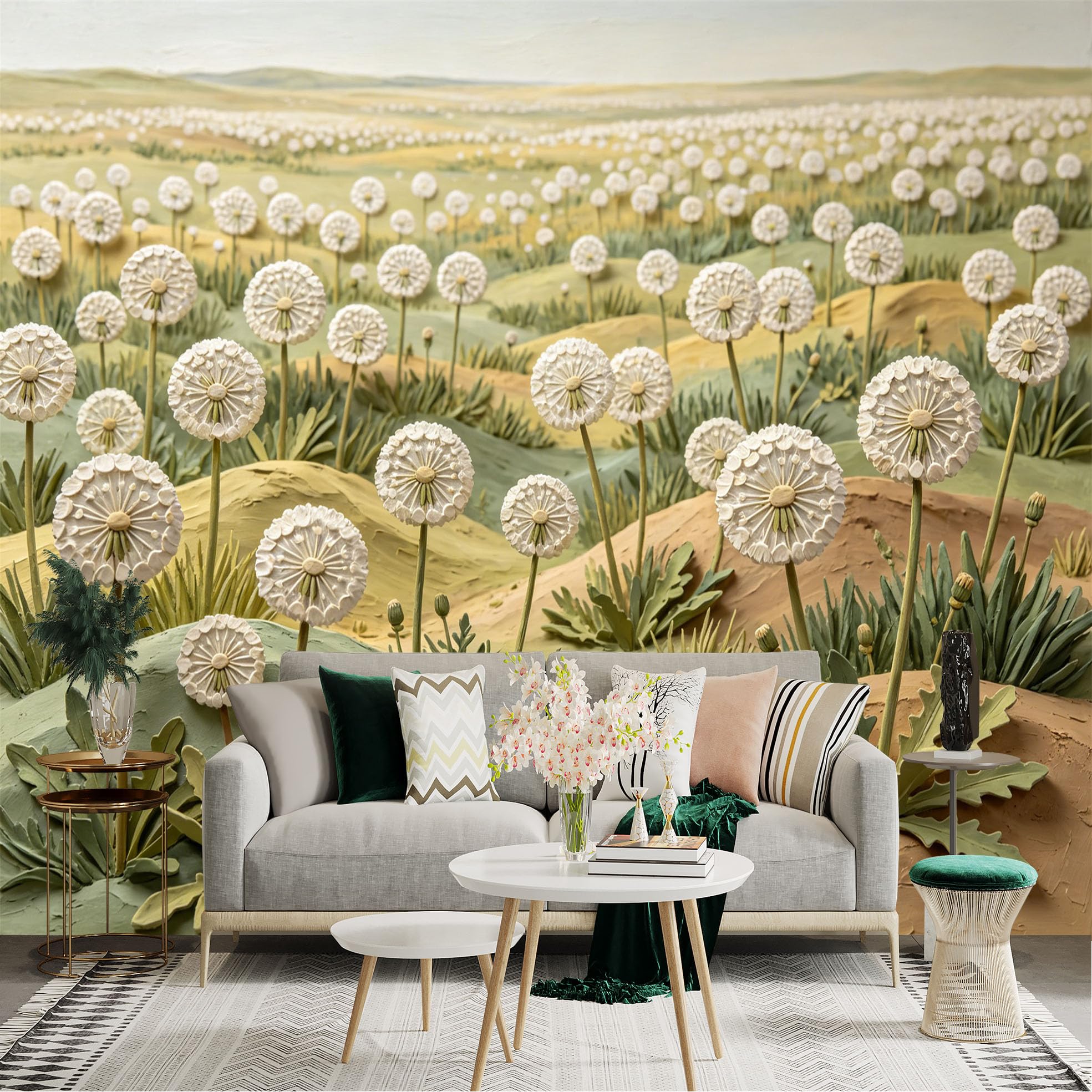 Lnzczhyre Dbh260521676 Custom Size Wall Sticker Mural， White Dandelion Field， Soft Pastels Landscape， Nature Botanical Art， Serene Rural Scenery， For Wall Decoration， Peelandstick Wall Decals.