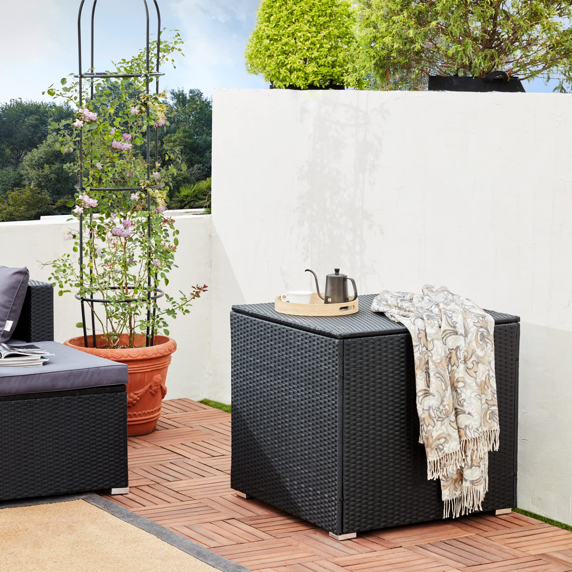Casaria Coffre de rangement 318 L avec couvercle 75x75x70cm idéal coussin polyrotin Résistant intempéries Revêtement imperméable Intérieur Balcon Noir - 2