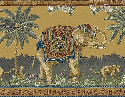 Dundee Deco DDAZBD9032 - Borde de papel tapiz para despegar y pegar, color rojo natural, azul, mostaza, elefantes beige, borde de pared de monos,