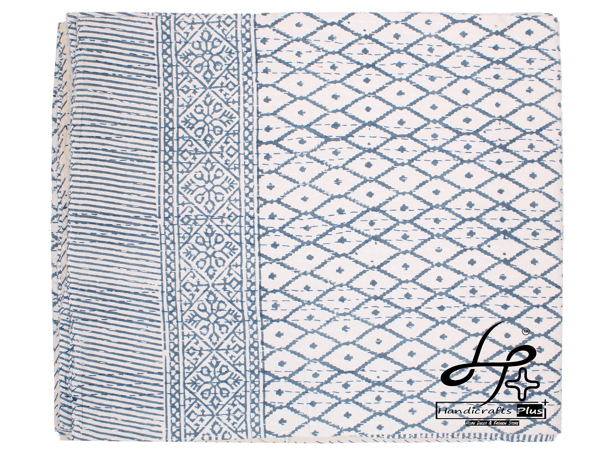 Handicrafts Plus Ethnic Kantha Style Quilts Cotton Handmade Bedspread Queen Size Bohemian Bedcover