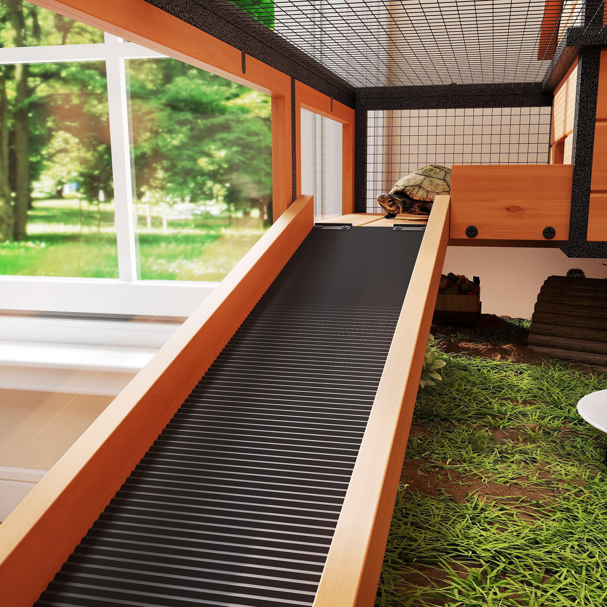 PawHut Maison pour Tortues, Habitat en Bois à 2 étages avec 2 Chambres, enclos intérieur extérieur avec rampes, Toit ouvrable et Plateau, Grande Cage pour Reptiles, 128x63x96cm, Jaune