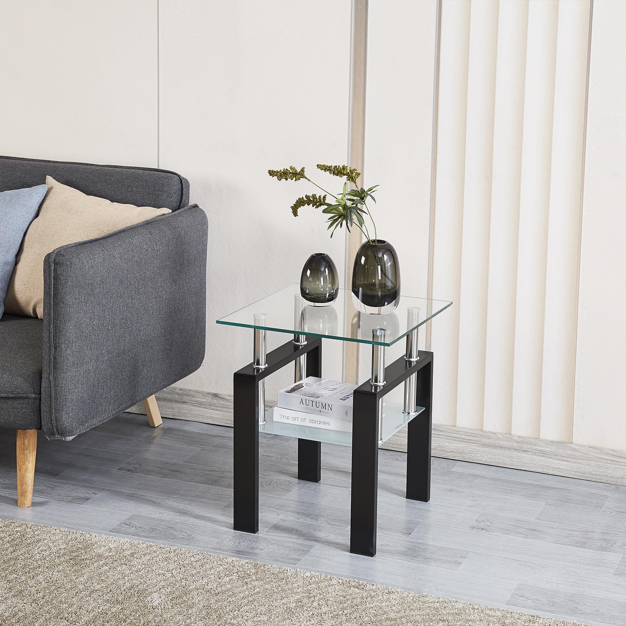 SMARTIK Modern Clear End Tables - Two Tiered Glass Nightstand Side Table Square Tempered Glass Table with Black Metal Frame for Living Room or Bedroom