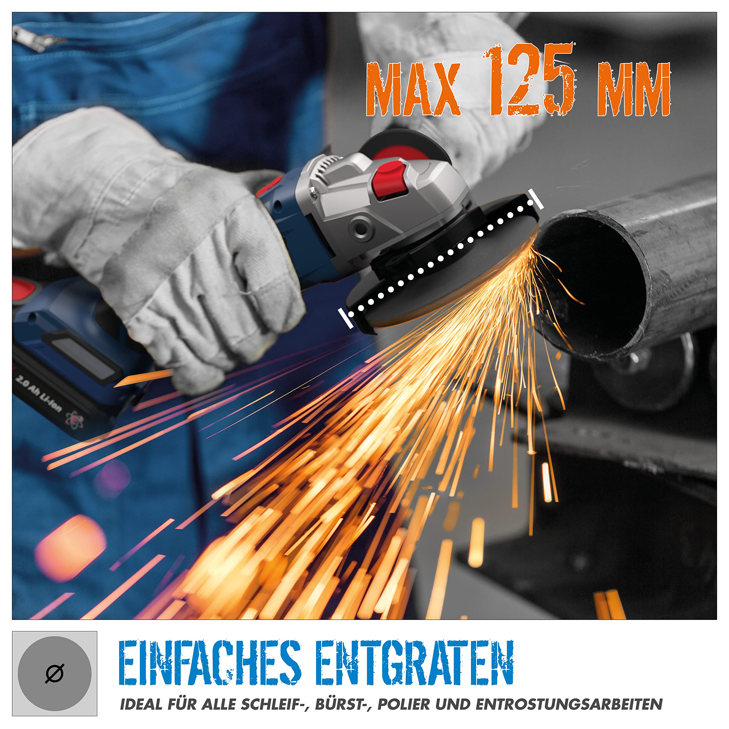 Güde Akku Winkelschleifer WS 18-0 BL (Easy-Energy-Exchange, Brushless Series, Lithium Ionen, 18 V, 125 mm Scheibendurchmesser, Zusatzhandgriff, ohne Trennscheibe, ohne Akku und Ladegerät)