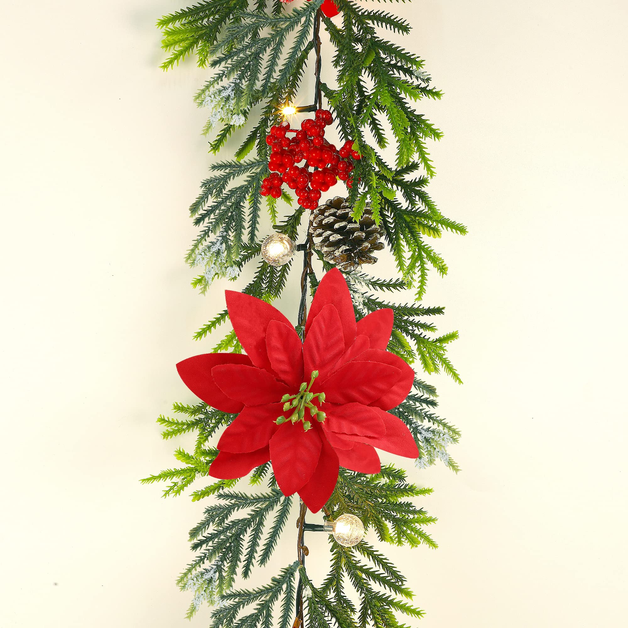 Juegoal YO-TTSZ-2 Weihnachtsgirlande, 2,7 m, beleuchtete künstliche Weihnachtsgirlanden, beleuchteter Weihnachtsstern, Fichten-Timer, batteriebetrieben, mit Lichtern, Garten, Zuhause, Winter, Neujahr,