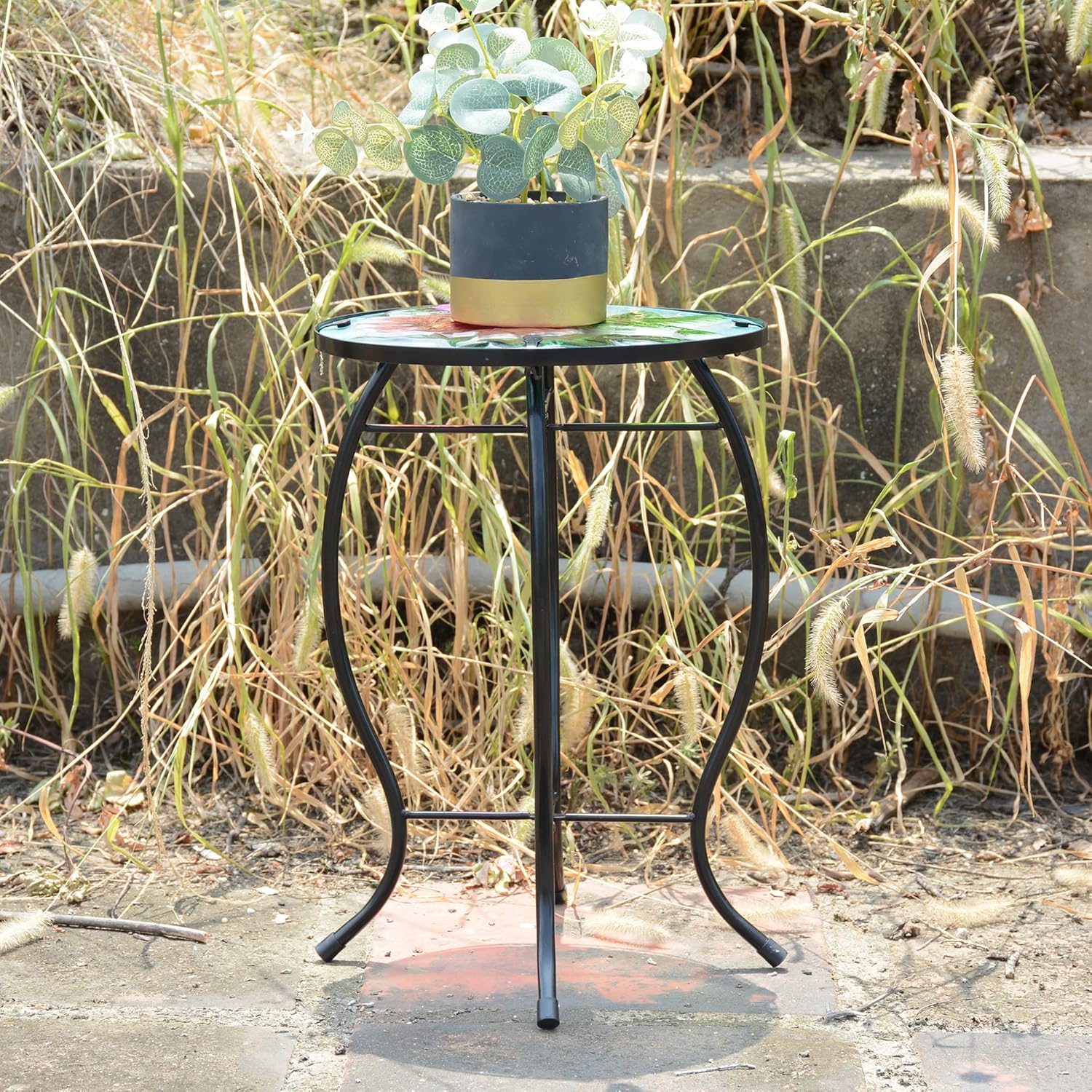 Hummingbird Patio Side Table, Small Patio Outdoor Side Table, Plant Table,Metal Glass End Table for Porch Garden Yard Pool.