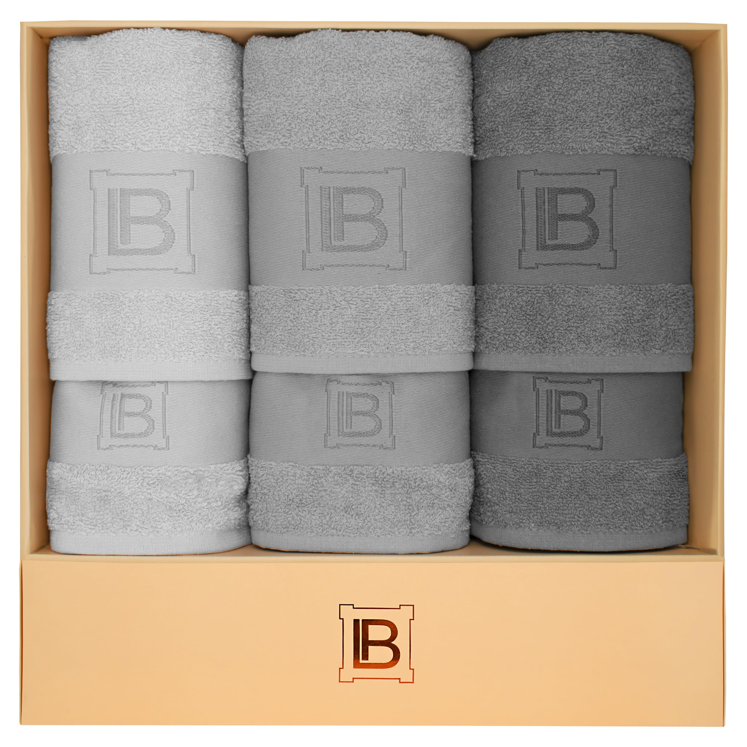 Laura Biagiotti, Set Asciugamani Bagno In Spugna 6 pezzi, 3 Asciugamani Viso + 3 Asciugamani Ospite, Ascuigamani Tinta Unita, Spugna 100% Cotone, in Scatola, Cleunice Grigio