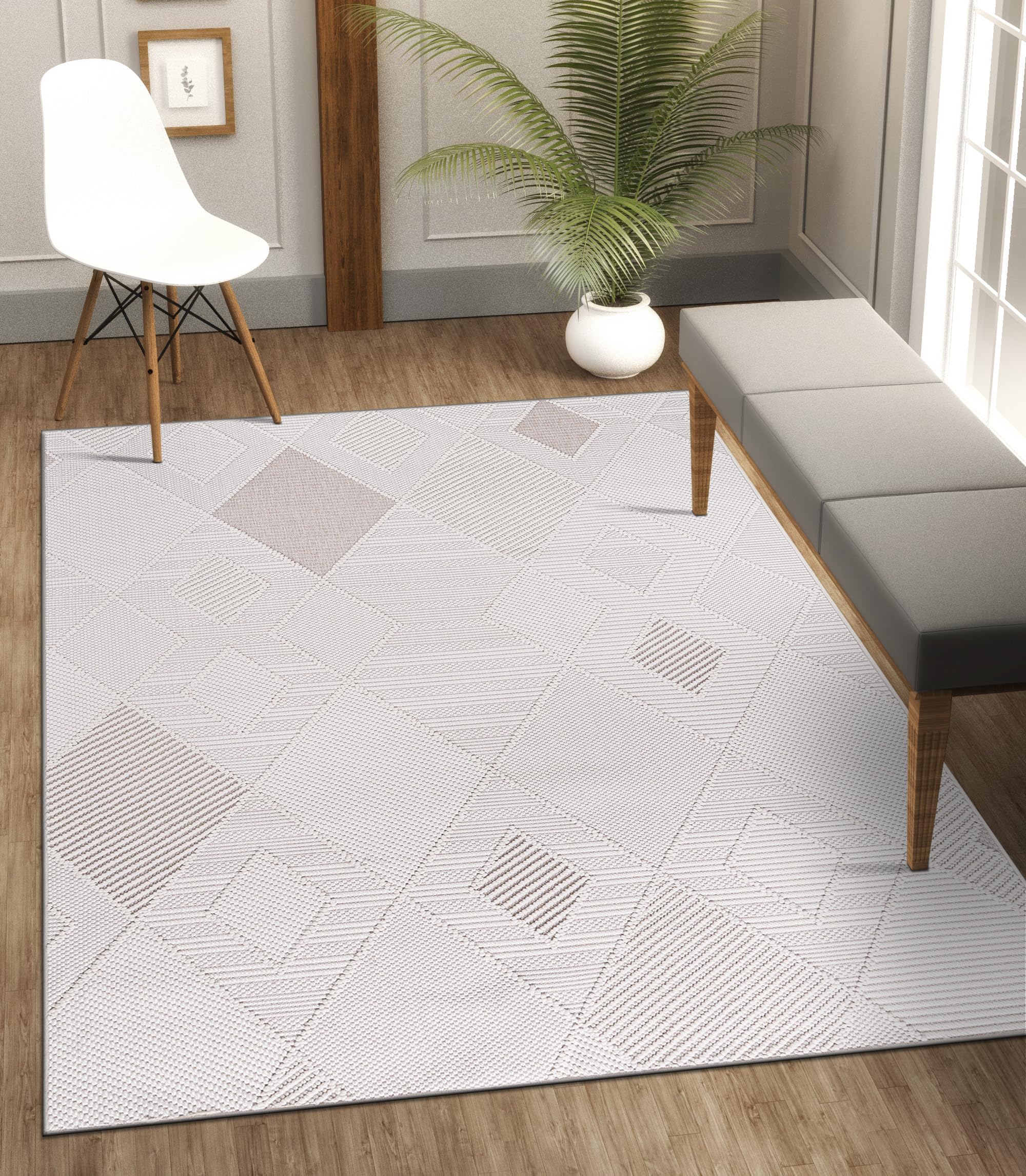 Photo 1 of **MINOR DAMAGE DIRTY**
CAMILSON Micro Loop Rug 5x7 Modern Luxury Geometric Diamond Trellis Area Rug 5' x 7' Gy2 - White / Beige
