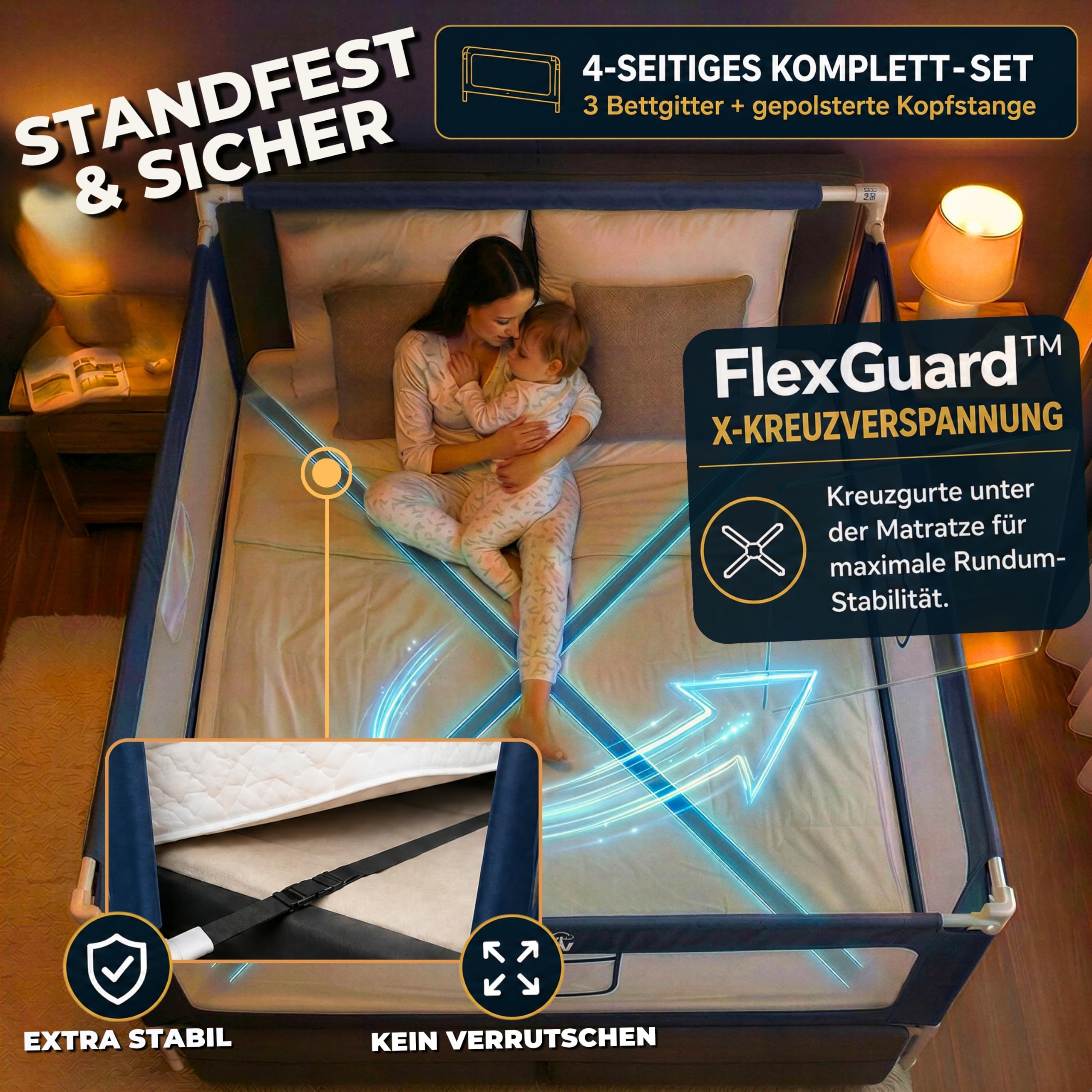 Rausfallschutz Bett 180x200 cm – 3er-Bettgitter Set für Boxspringbett