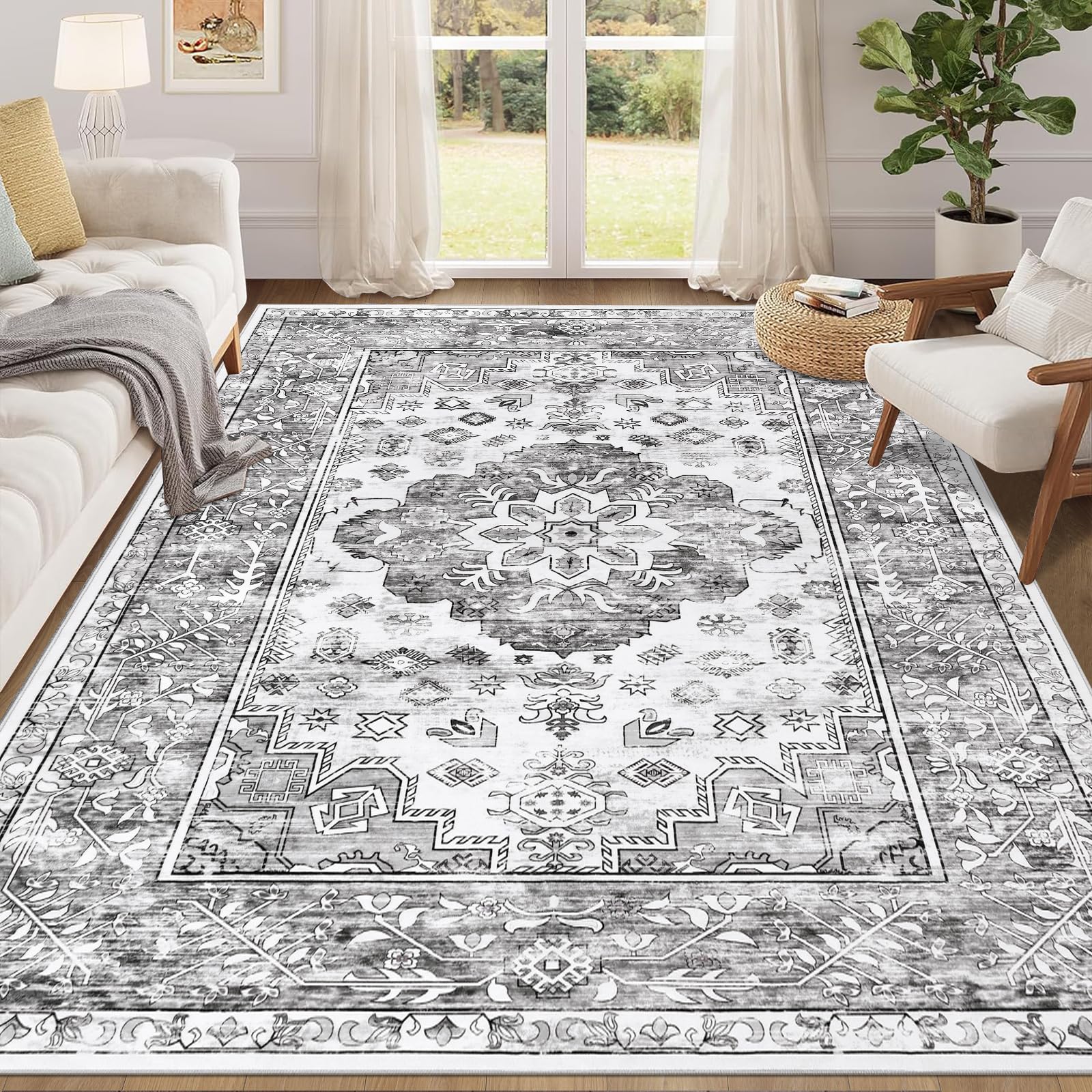 Enyhom Vintage Living Room Rugs, 160 x 230cm Large Shaggy Soft Bedroom Area Carpet Rug Non Slip Short Pile Floor Mat Washable Distressed Kitchen Area Rug for Dining Room, Vintage Grey — image 1