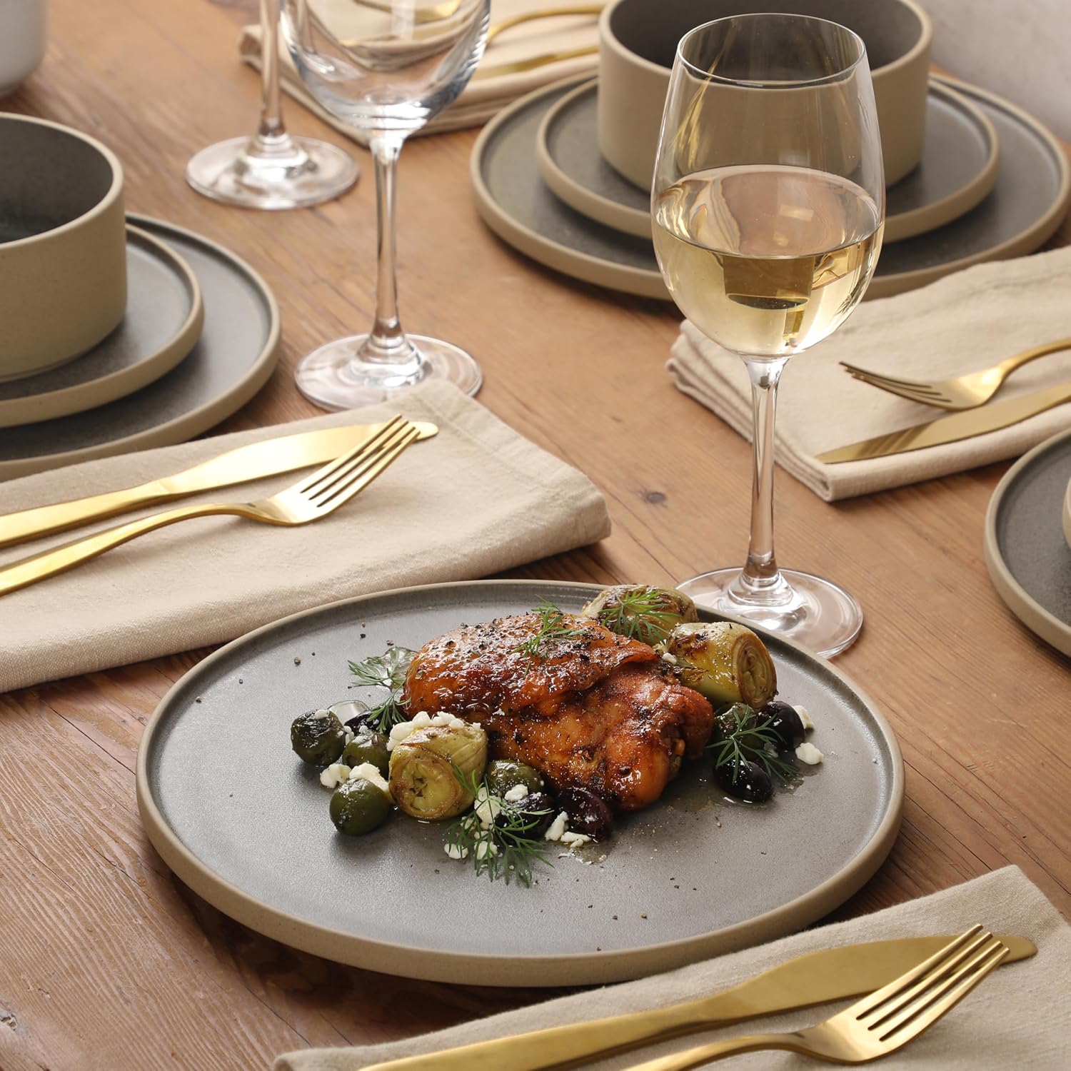 Gibson Elite Villa Amadora - Made in Portugal - 12 Piece Dinnerware Set for 4, Two Tone Tan and Grey Speckled Stoneware Plates and Bowls Sets, Dish Set with Dinner Plates Salad Plates & Cereal Bowls