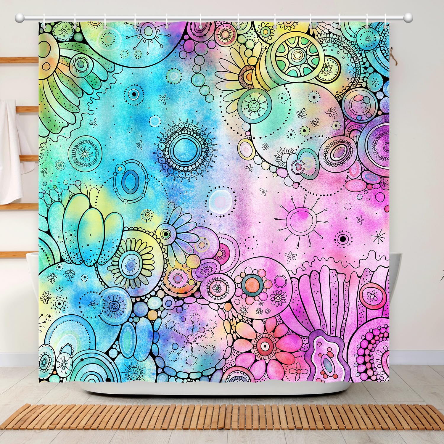 CutebriCase Watercolor Shower Curtain, Doodle Painting Shower Curtain Waterproof Shower Curtain Sets for Bathroom with 12 Hooks Polyester Fabric