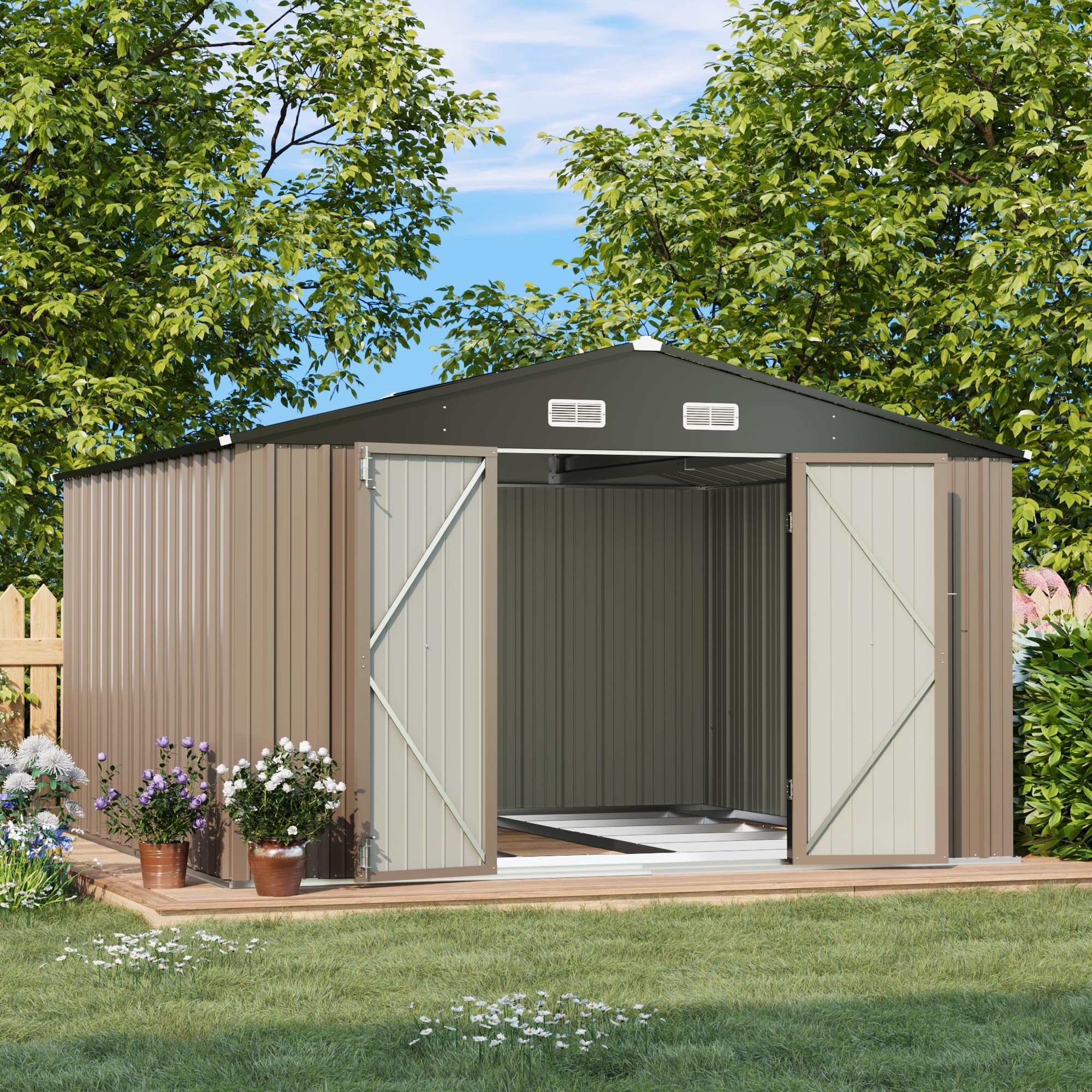 Patiowell 10 x 10 FT Outdoor Storage Shed with Floor Frame, Metal Yard Shed with Design of Lockable Doors, Utility and Tool Storage for Garden, Patio, Backyard, Outside use, Brown