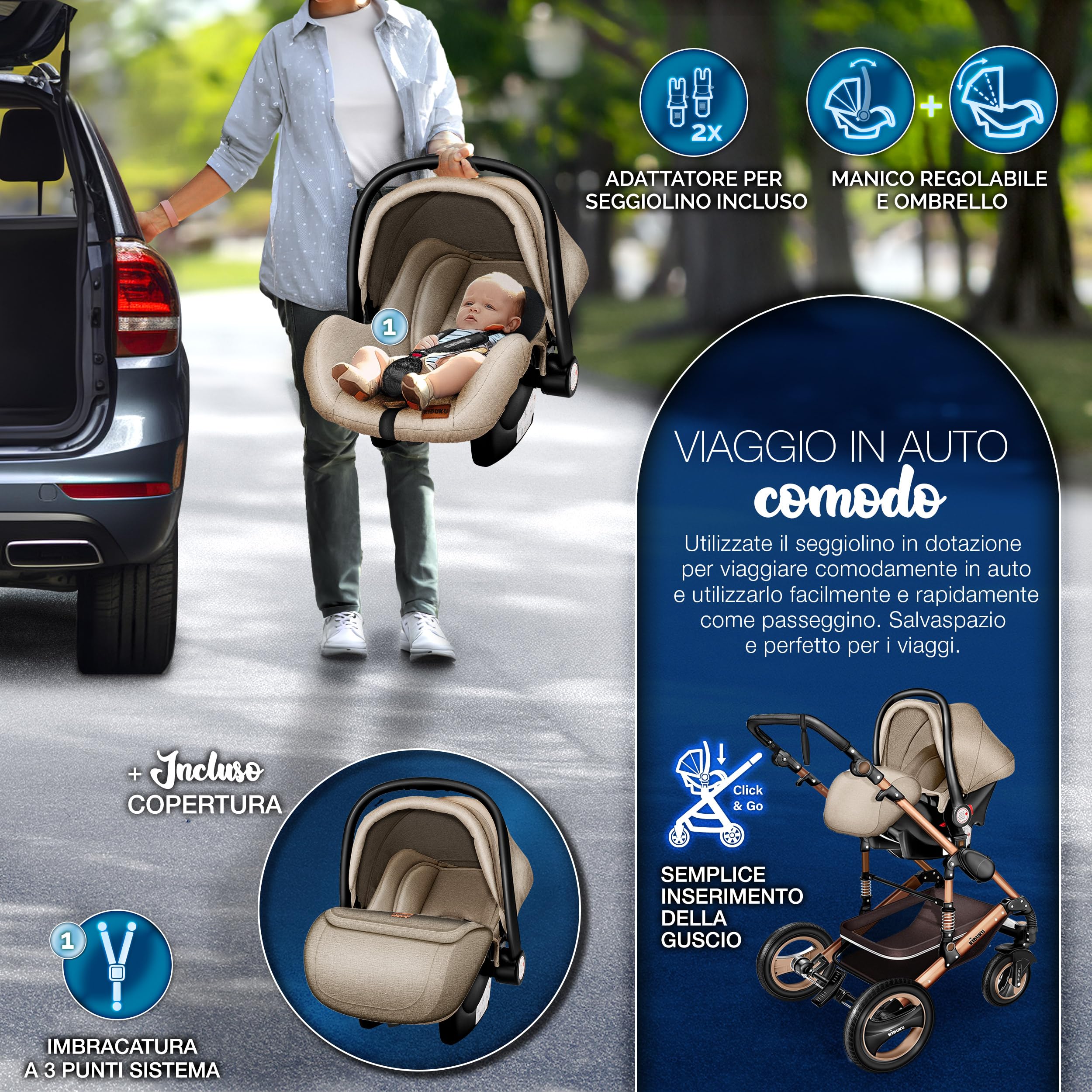 KIDUKU 3 in 1 Passeggino Completo Trio Sistema Combinato con Navicella Ovetto Seggiolino Auto Coprigambe ECE R129