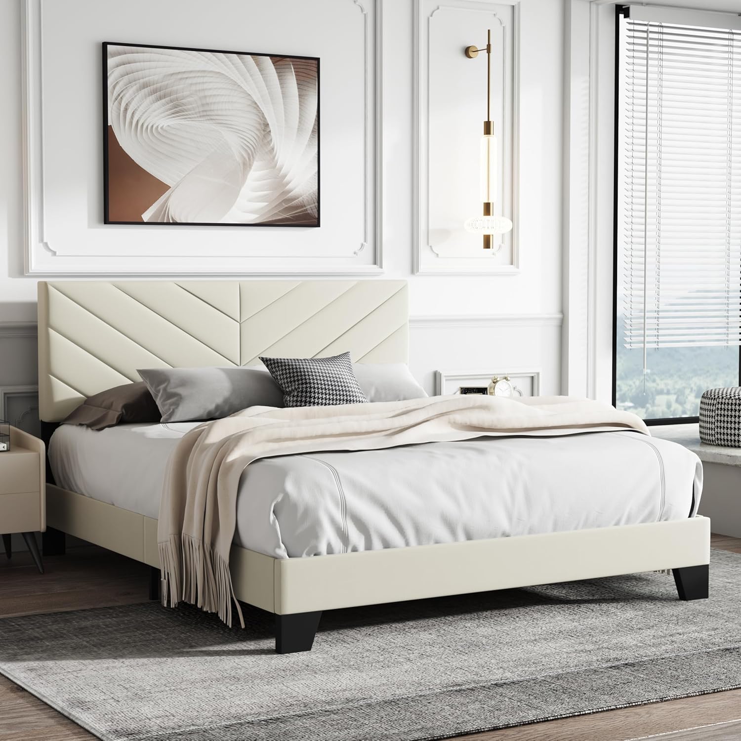 Queen Size Bed Frame Platform with Upholstered Headboard, Sturdy Wooden Slats, Noiseless, No Springs Required, Easy to Assemble Beige - Image 3