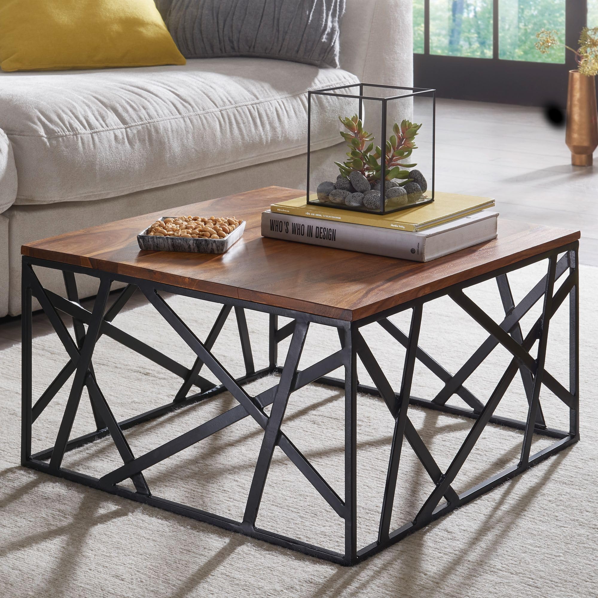 WOHNLING Table Basse BAKAL 60x60x35 cm Bois Massif Sheesham Métal
