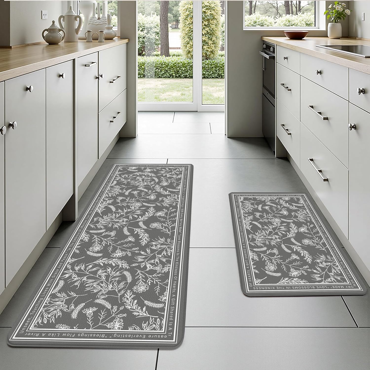 Grey Minimalist Line Art Herb Leaves Kitchen Rug Sets [2 PCs], Anti-Fatigue, Waterproof Non-Slip Kitchen Mats Heavy Duty Comfort Foam Rug for Kitchen, Floor, Laundry,17"x29"+17"x47"