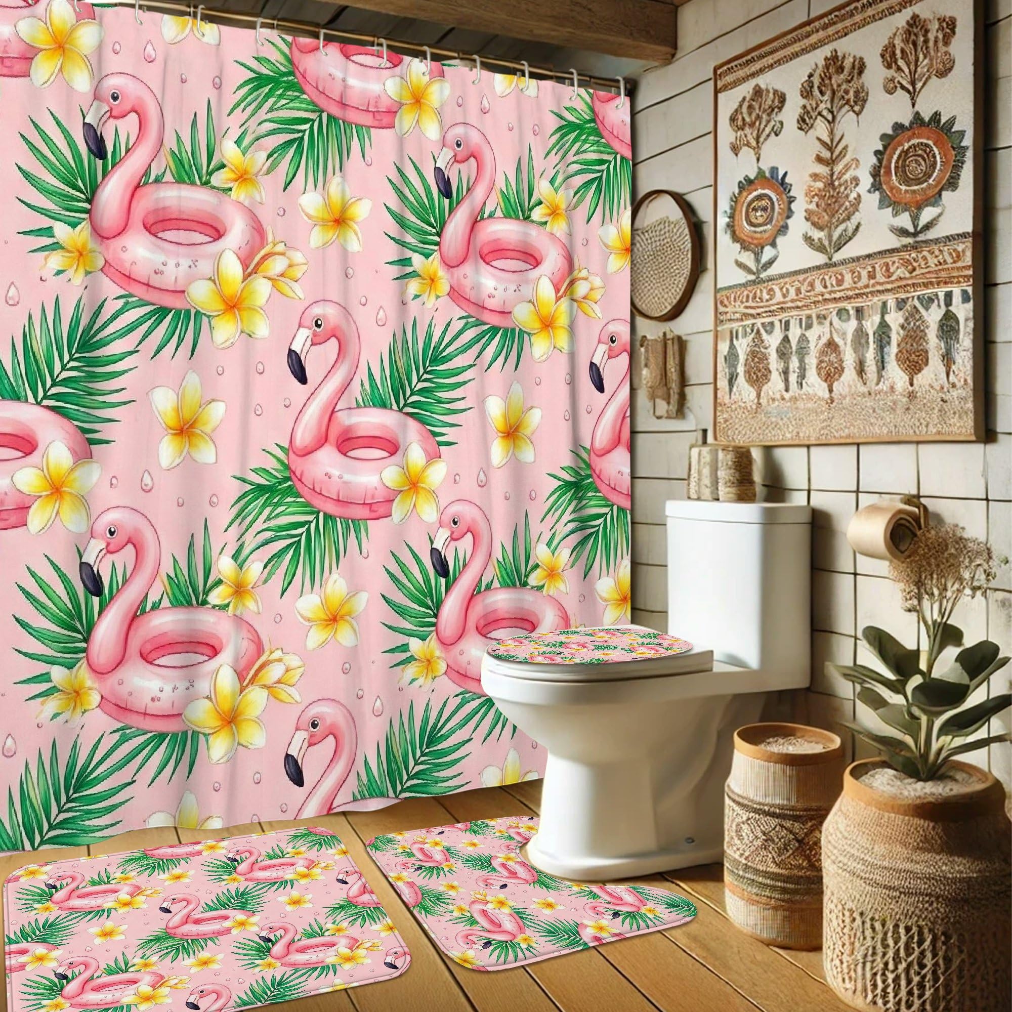 Rideau de douche imperméable anti-éclaboussures 183x183 cm motif feuilles exotiques