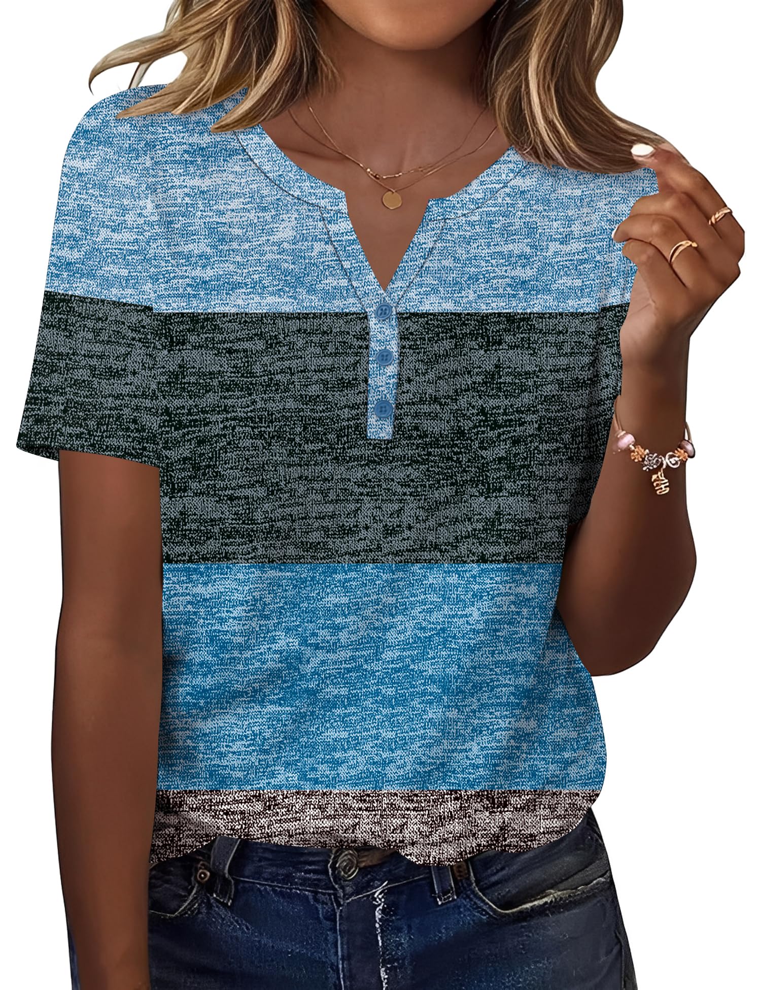 Kistore Tshirt Damen Elegant V Ausschnitt Kurzarm Bluse mit Knopf Sommer Leicht Mode Damenkleidung Lässig Büro Blusenshirt S-2XL